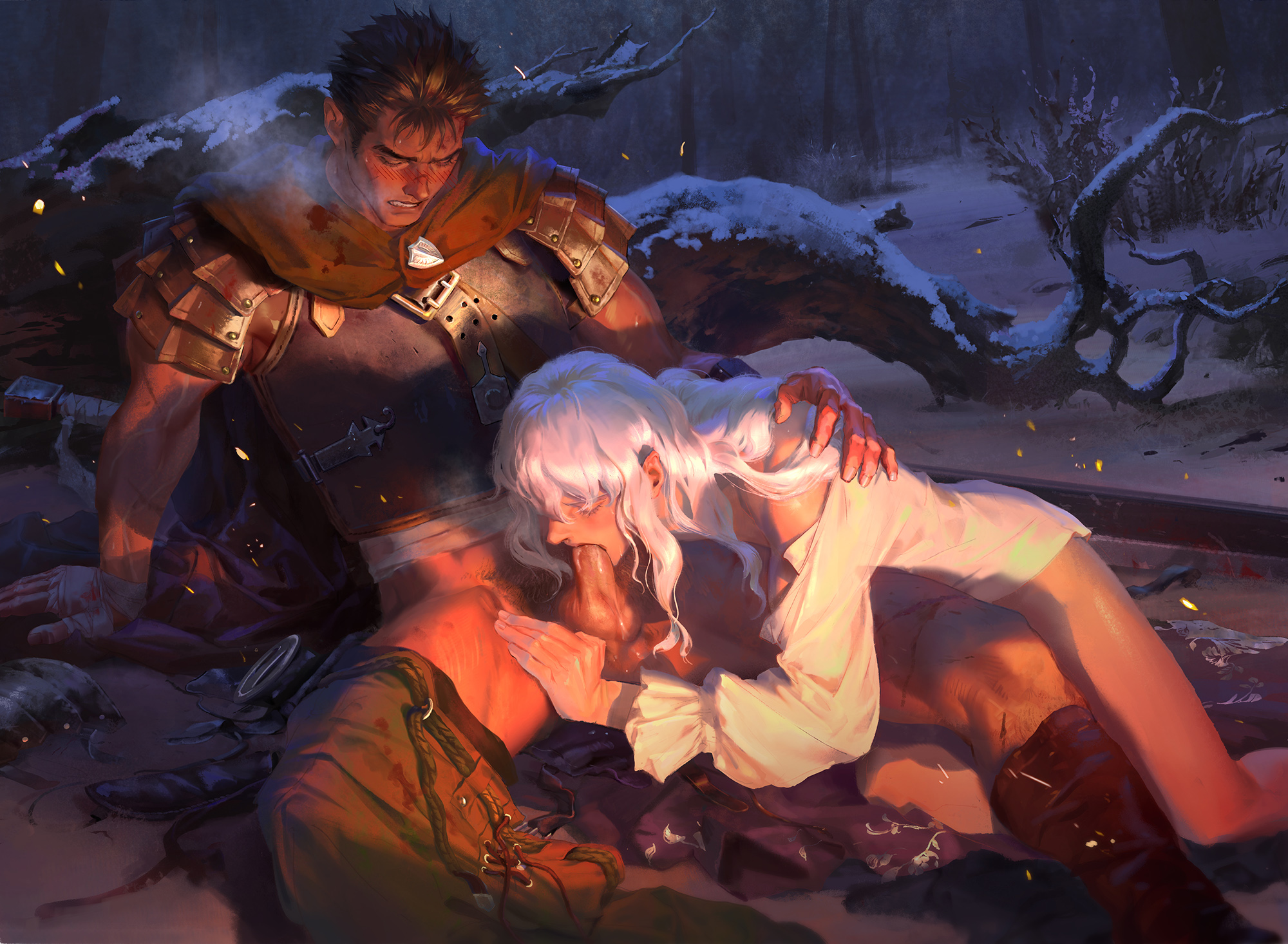 luluzhang998873, griffith (berserk), guts (berserk), berserk, commentary, english commentary, highres, 2boys, arm support, armor, bandaged stomach, bandages, bare tree, belt, bishounen, black belt, black hair, bottomless, breastplate, breath, brown pants, cape, chest belt, clenched teeth, closed eyes, colored eyelashes, embers, fellatio, frilled sleeves, frills, hair behind ear, hand on another's shoulder, kneeling, leaning back, long hair, long sleeves, male focus, multiple boys, oral, outdoors, pants, pants around one leg, pauldrons, penis, red cape, shirt, shoulder armor, sideburns, snow, teeth, testicles, tree, white hair, white shirt, yaoi