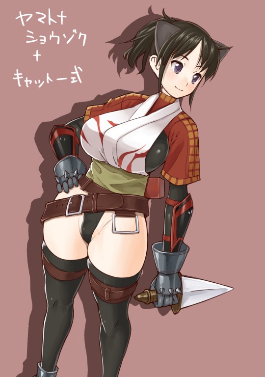 nagase haruhito, fantasy earth zero, 1girl, belt, belt skirt, black hair, blue eyes, breasts, female focus, huge breasts, knife, solo, thick thighs, thigh strap, thighhighs, thighs