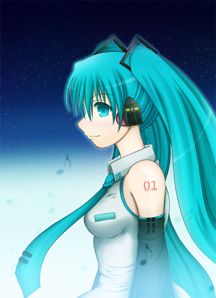 mazakura senju, hatsune miku, vocaloid, bad id, bad pixiv id, 1girl, aqua eyes, aqua hair, character name, collared shirt, detached sleeves, female focus, from side, gradient background, grey shirt, hair between eyes, hair ornament, headphones, long hair, musical note, necktie, night, night sky, profile, shirt, sky, solo, star (sky), tattoo, twintails, upper body