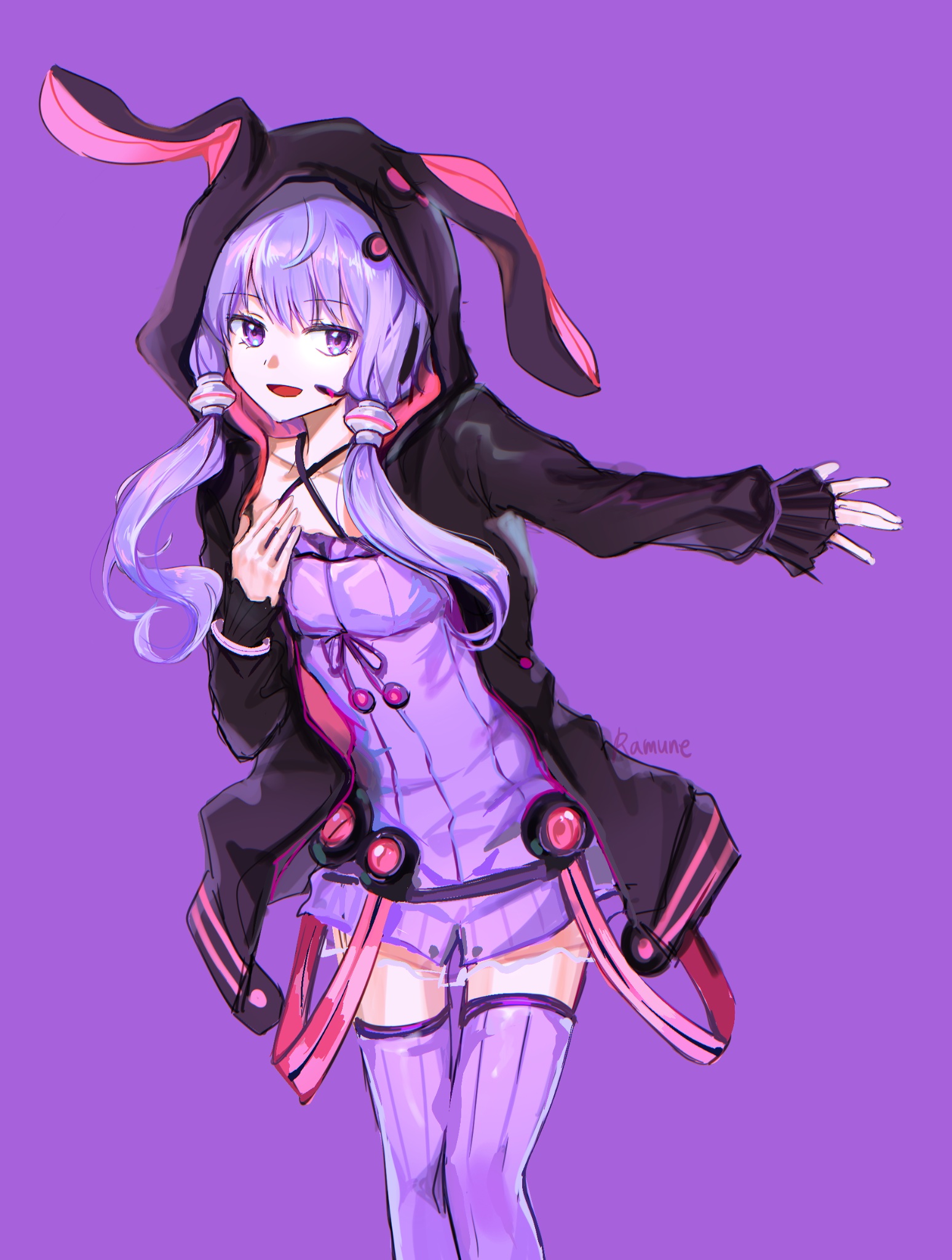 ramune55ni, yuzuki yukari, vocaloid, voiceroid, commentary request, highres, korean commentary, 1girl, :d, ||/, animal hood, artist name, black jacket, chromatic aberration, collarbone, criss-cross halter, dress, feet out of frame, flat chest, frilled sleeves, frills, hair between eyes, hair ornament, halterneck, hand on own chest, hand up, headset, hood, hood up, hooded jacket, jacket, long sleeves, looking at viewer, looking to the side, open clothes, open jacket, open mouth, outstretched arm, purple background, purple dress, purple theme, purple thighhighs, rabbit hood, ribbed dress, ribbed thighhighs, ribbon-trimmed dress, ribbon trim, saturated, short dress, short hair with long locks, simple background, skinny, sleeves past wrists, smile, solo, standing, thighhighs, tongue, zettai ryouiki