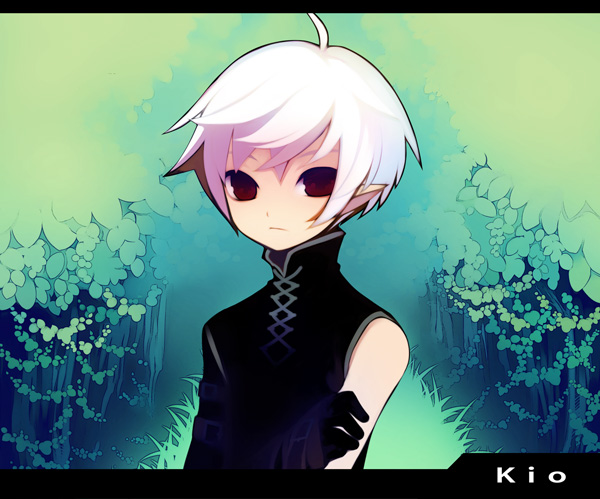 puti devil, original, 1boy, ahoge, gradient background, grass, male focus, nature, pointy ears, red eyes, short hair, solo, turtleneck, upper body, white hair