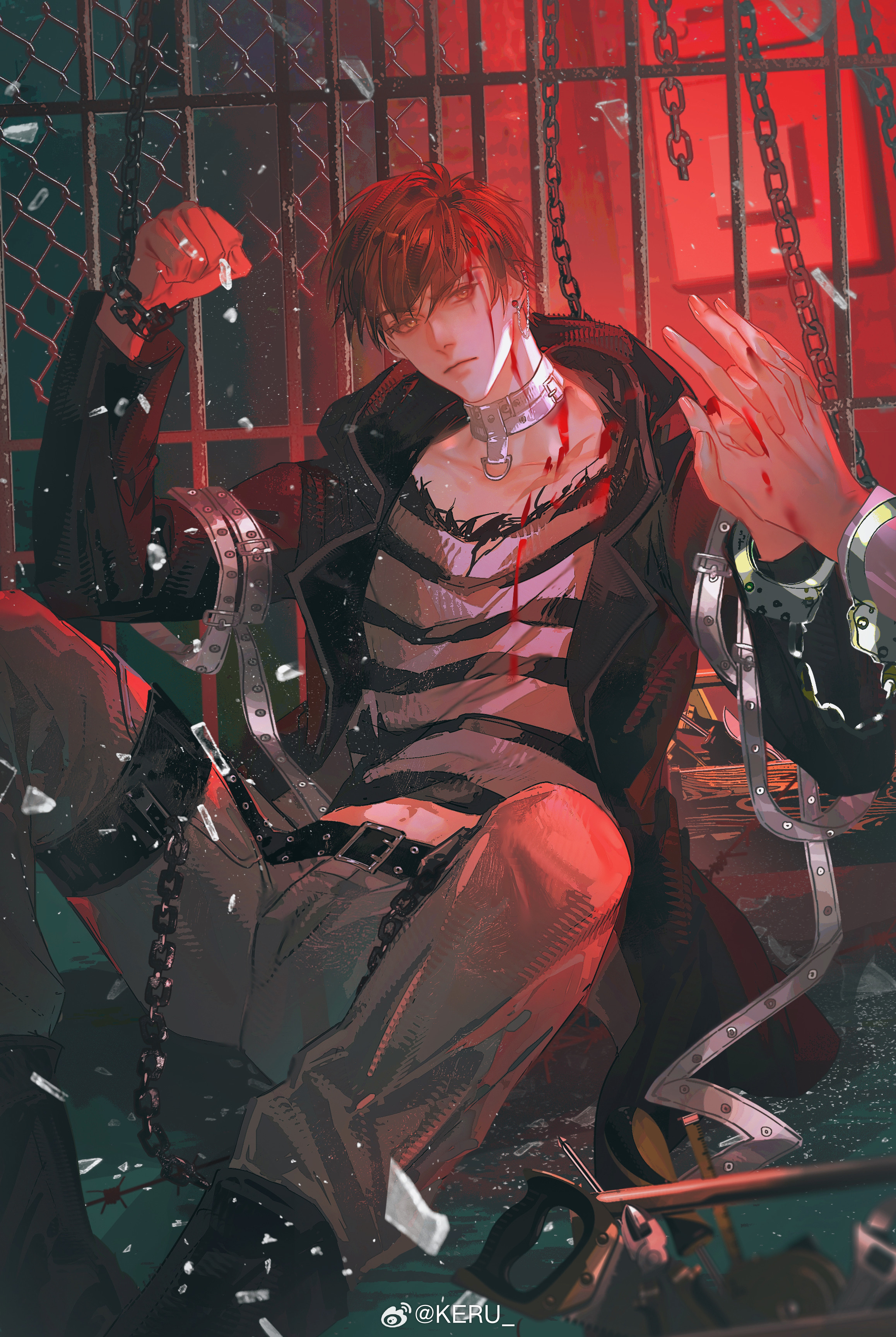 keru233, bai qi (love and producer), love and producer, absurdres, chinese commentary, highres, 1boy, belt, black belt, black boots, black jacket, black shirt, blood, blood on clothes, boots, bound together, brown eyes, brown hair, chain, chain-link fence, chained wrists, clenched hand, closed mouth, collar, collarbone, cuffs, ear chain, earrings, feet out of frame, fence, glass shards, grey pants, hand saw, handcuffs, hood, hood down, hooded jacket, iron bars, jacket, jewelry, linked piercing, long sleeves, looking at viewer, male focus, midriff peek, on floor, open clothes, open jacket, out of frame, palms together, pants, piercing, pliers, prison, prison clothes, prisoner, red light, saw, screwdriver, shirt, short hair, sideways glance, sitting, solo, spread legs, striped clothes, striped shirt, stud earrings, thigh belt, thigh strap, toolbox, torn clothes, torn shirt, v-shaped eyebrows, watermark, weibo watermark, white collar, white shirt, wrench