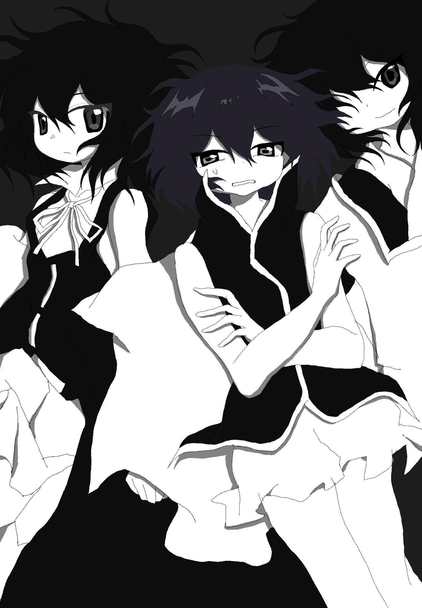 renlei jing shi wo ziji, enraku tsubakura, senri tsurubami, shitodo kuroji, len'en, chinese commentary, commentary request, highres, 3others, bare arms, bare legs, bare shoulders, clenched teeth, closed mouth, coat, collared shirt, cowboy shot, crossed arms, detached sleeves, dot nose, expressionless, floating clothes, floating hair, frilled shorts, frills, grey background, greyscale, hair between eyes, hakama, hakama short skirt, hakama skirt, happy, high collar, japanese clothes, jynx (style), kariginu, kimono, knee up, light frown, long sleeves, looking at viewer, monochrome, multiple others, neck ribbon, no headwear, official style, one eye covered, other focus, partially undressed, puffy shorts, purple hair, ribbon, ribbon-trimmed coat, ribbon trim, scared, shirt, short hair, shorts, simple background, skirt, sleeveless, sleeveless coat, sleeveless shirt, sleeves past wrists, smile, spot color, sweatdrop, teeth, wide sleeves, zipper