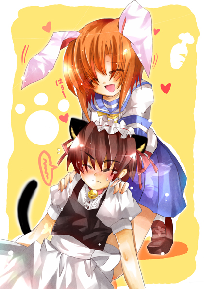 aquamarine, maebara keiichi, ryuuguu rena, higurashi no naku koro ni, bad id, bad pixiv id, 00s, 1boy, 1girl, animal ears, cat ears, cat tail, couple, crossdressing, hetero, rabbit ears, school uniform, serafuku, tail, take it home