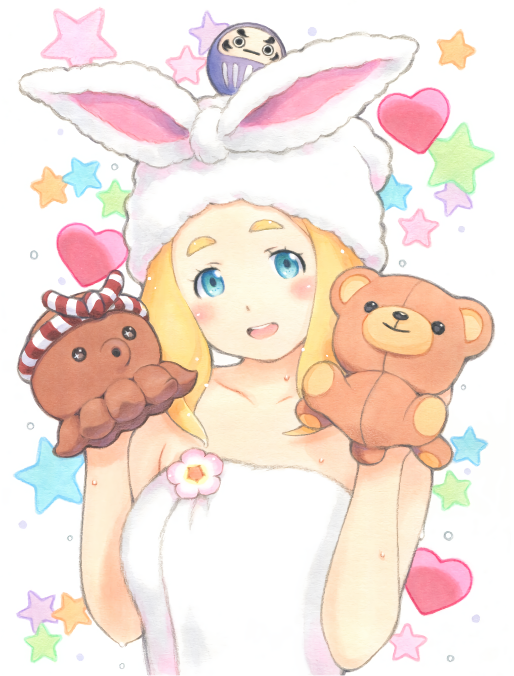 yug (ekaki), shinonome megu, indie virtual youtuber, commentary request, highres, 1girl, :d, animal ears, bare arms, blonde hair, blue eyes, blush, breasts, collarbone, daruma doll, fake animal ears, flower, heart, holding, holding stuffed toy, kouhaku nawa, looking at viewer, medium hair, naked towel, object on head, open mouth, pink flower, rabbit ears, rope, shimenawa, smile, solo, star (symbol), star symbol background, stuffed animal, stuffed octopus, stuffed toy, teddy bear, teeth, thick eyebrows, towel, towel on head, upper body, upper teeth only, virtual youtuber, wet, white background