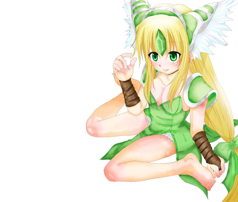 mazakura senju, riesz, seiken densetsu, seiken densetsu 3, 1girl, barefoot, blonde hair, blush, bow, breasts, cleavage, female focus, green eyes, hair bow, long hair, low-tied long hair, solo