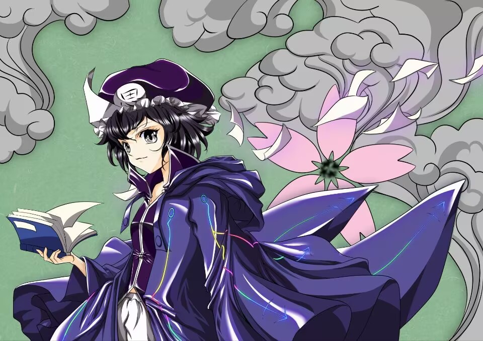 xiweng, shitodo kuroji, len'en, commentary, commission, english commentary, second-party source, 1other, arrow print, black hair, book, cherry blossoms, clothing cutout, coattails, collared shirt, cowboy shot, eyelashes, floating clothes, flower, frilled headwear, green background, grey eyes, hat, high collar, holding, holding book, hood, hood down, hooded jacket, jacket, long sleeves, looking at viewer, mob cap, open book, open clothes, open jacket, other focus, paper, parted lips, pink flower, purple hat, purple jacket, purple shirt, shirt, short hair, shorts, smirk, solo, stomach cutout, triangular headpiece, watermark, white shorts, wide sleeves, xiangyun