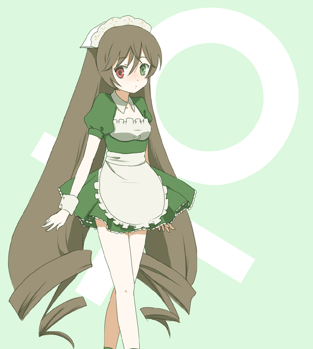 ica, suiseiseki, rozen maiden, bad id, bad pixiv id, 00s, 1girl, alternate costume, brown hair, drill hair, female focus, headscarf, heterochromia, long hair, maid, solo, very long hair, white headscarf