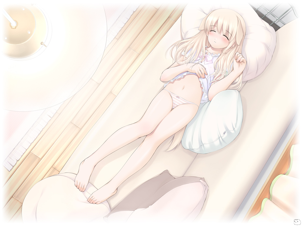 ooji, eyebrows, 1girl, animal ears, barefoot, blonde hair, blouse, blush, bow, bow panties, closed eyes, clothes lift, couch, dog ears, feet, female focus, loli, lowleg, lowleg panties, lying, muted color, navel, no pants, on back, panties, shirt, shirt lift, sleeping, solo, striped clothes, striped panties, toes, underwear, wooden floor