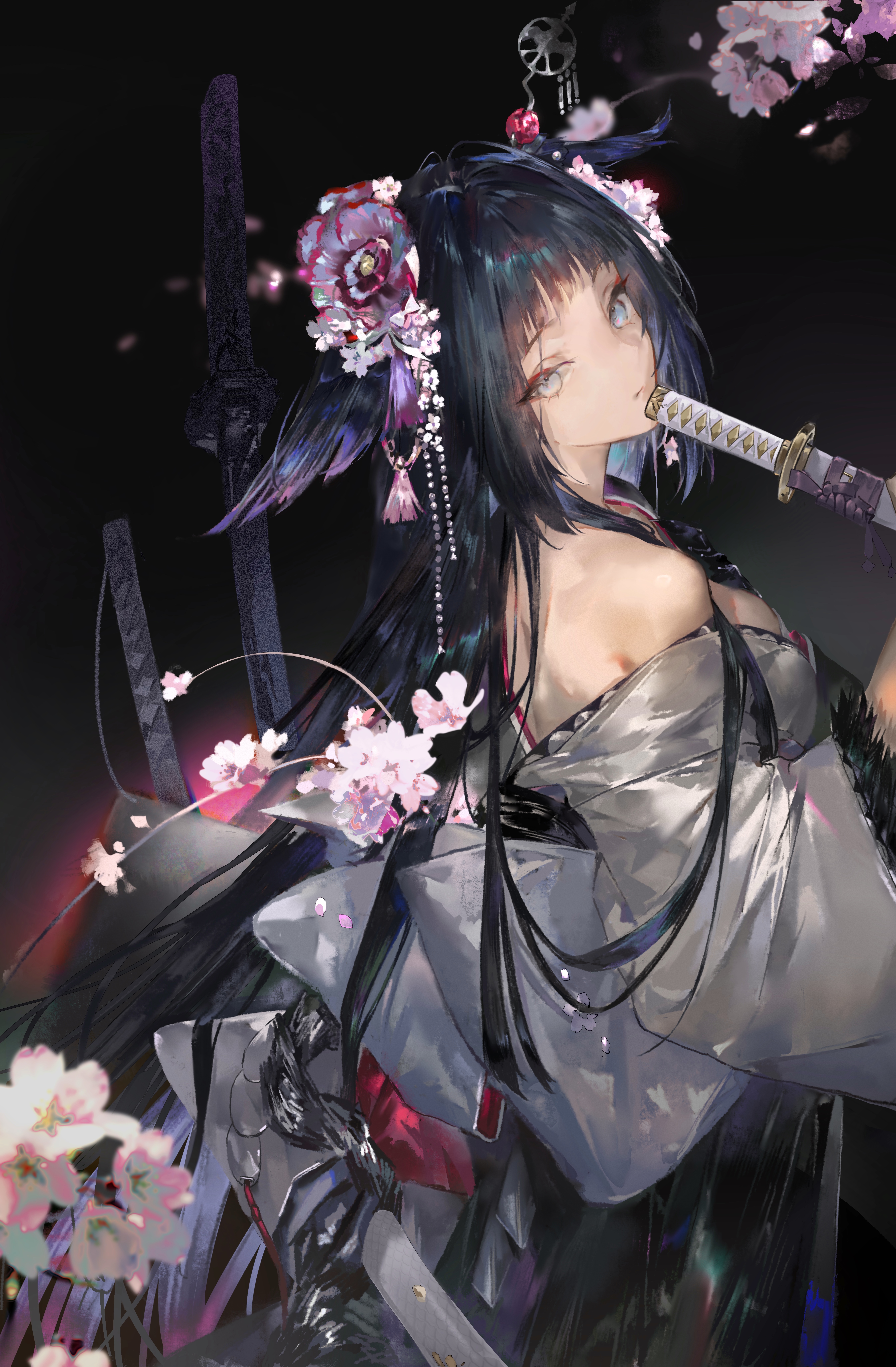 chiaspicy, mio (arknights), arknights, absurdres, commentary request, highres, 1girl, beads, black hair, black hakama, blurry, breasts, closed mouth, depth of field, falling petals, flower, from side, grey eyes, grey kimono, hair beads, hair flower, hair intakes, hair ornament, hair wings, hakama, hand up, japanese clothes, kimono, long hair, looking to the side, off shoulder, petals, pink flower, solo, sword, weapon, wide sleeves