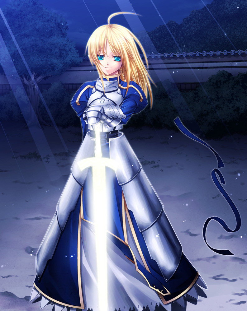uraomote, artoria pendragon (fate), saber (fate), fate/stay night, fate (series), 00s, ahoge, armor, blonde hair, blue eyes, green eyes, ribbon, solo, sword, weapon