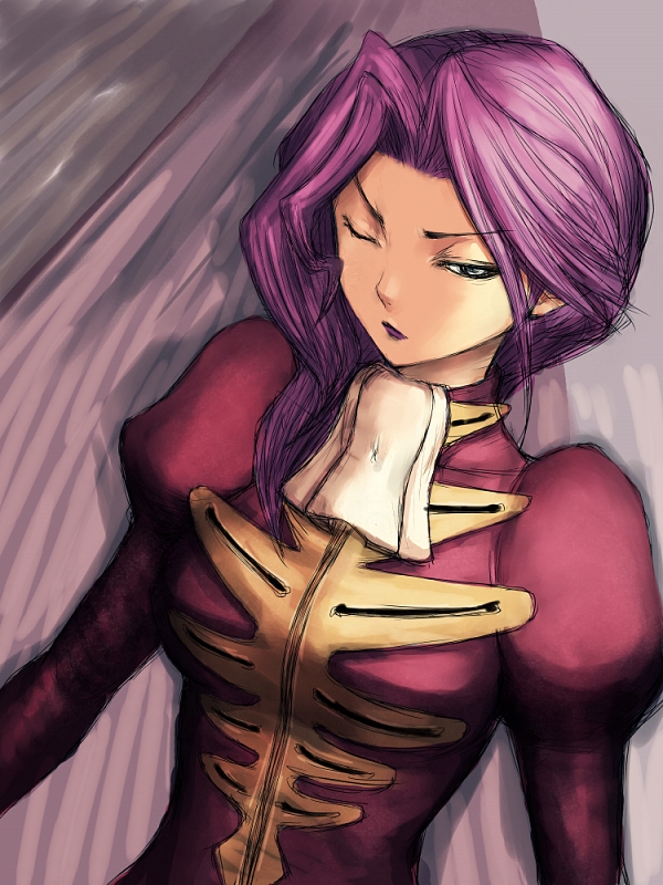 fumio (rsqkr), cornelia li britannia, code geass, uniform, 00s, 1girl, female focus, one eye closed, purple hair, solo, wink