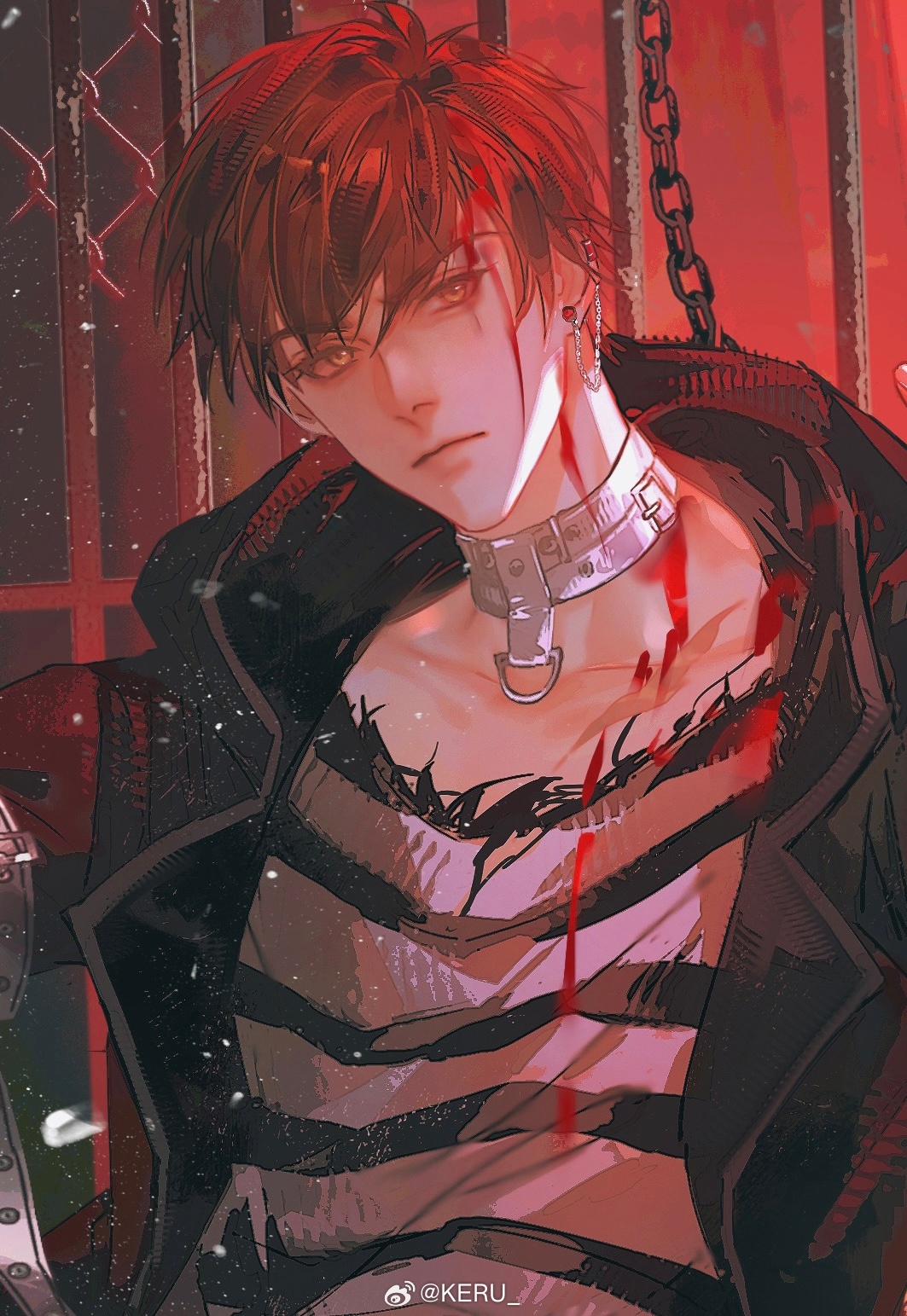 keru233, bai qi (love and producer), love and producer, chinese commentary, highres, 1boy, black jacket, black shirt, blood, blood on clothes, brown eyes, brown hair, chain, closed mouth, collar, collarbone, ear chain, earrings, hood, hood down, hooded jacket, iron bars, jacket, jewelry, linked piercing, long sleeves, looking at viewer, male focus, open clothes, open jacket, piercing, prison, prison clothes, prisoner, red light, shirt, short hair, sideways glance, solo, striped clothes, striped shirt, stud earrings, torn clothes, torn shirt, upper body, v-shaped eyebrows, watermark, weibo watermark, white collar, white shirt