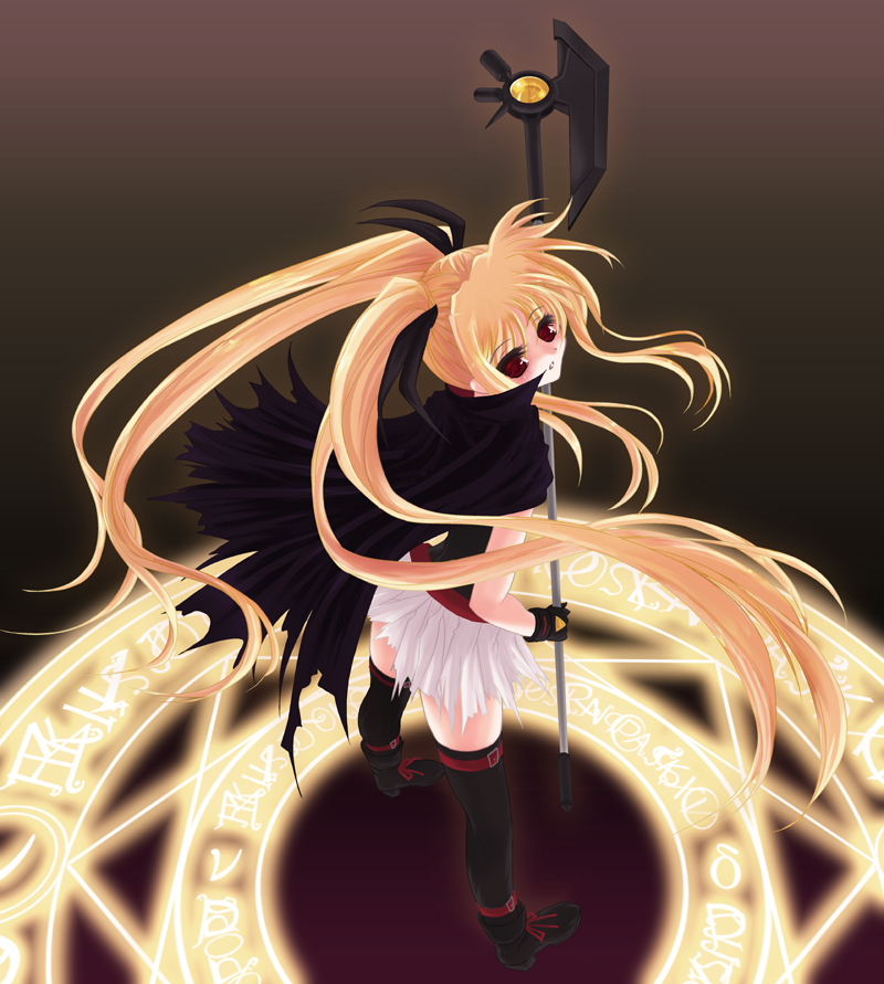 frapowa, bardiche (device form) (nanoha), bardiche (nanoha), fate testarossa, fate testarossa (original form), lyrical nanoha, mahou shoujo lyrical nanoha, non-web source, 00s, 1girl, blonde hair, brown background, female focus, long hair, magic circle, octagram, red eyes, solo, thighhighs, twintails, very long hair