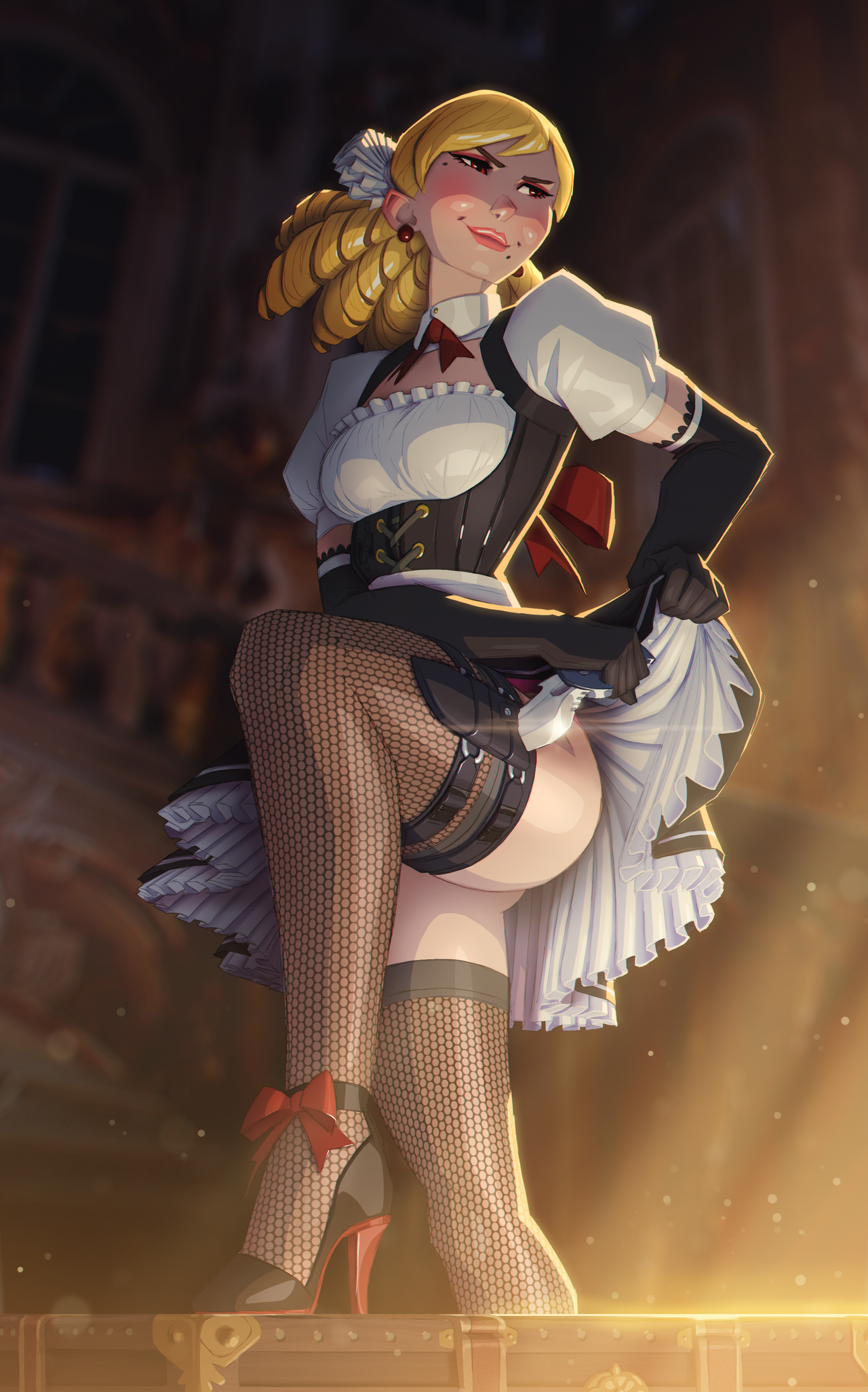 zededge, original, commentary, commission, english commentary, highres, 1girl, belt, black gloves, blonde hair, blurry, blurry background, clothes lift, corset, dress, drill hair, fishnet thighhighs, fishnets, from below, gloves, high heels, knife sheath, looking to the side, maid, puffy sleeves, sheath, skirt, skirt lift, smile, solo, thigh belt, thigh strap, thighhighs, thighs