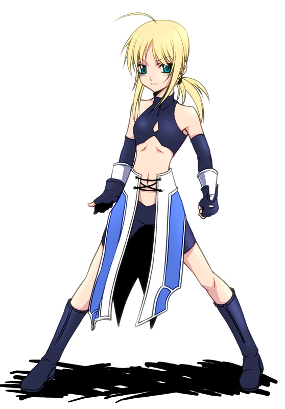 uraomote, artoria pendragon (fate), saber (fate), fate/stay night, fate (series), 00s, 1girl, ahoge, bike shorts, blonde hair, blue eyes, boots, crop top, elbow gloves, female focus, fingerless gloves, flat chest, full body, gloves, midriff, ponytail, shadow, simple background, smile, solo, turtleneck