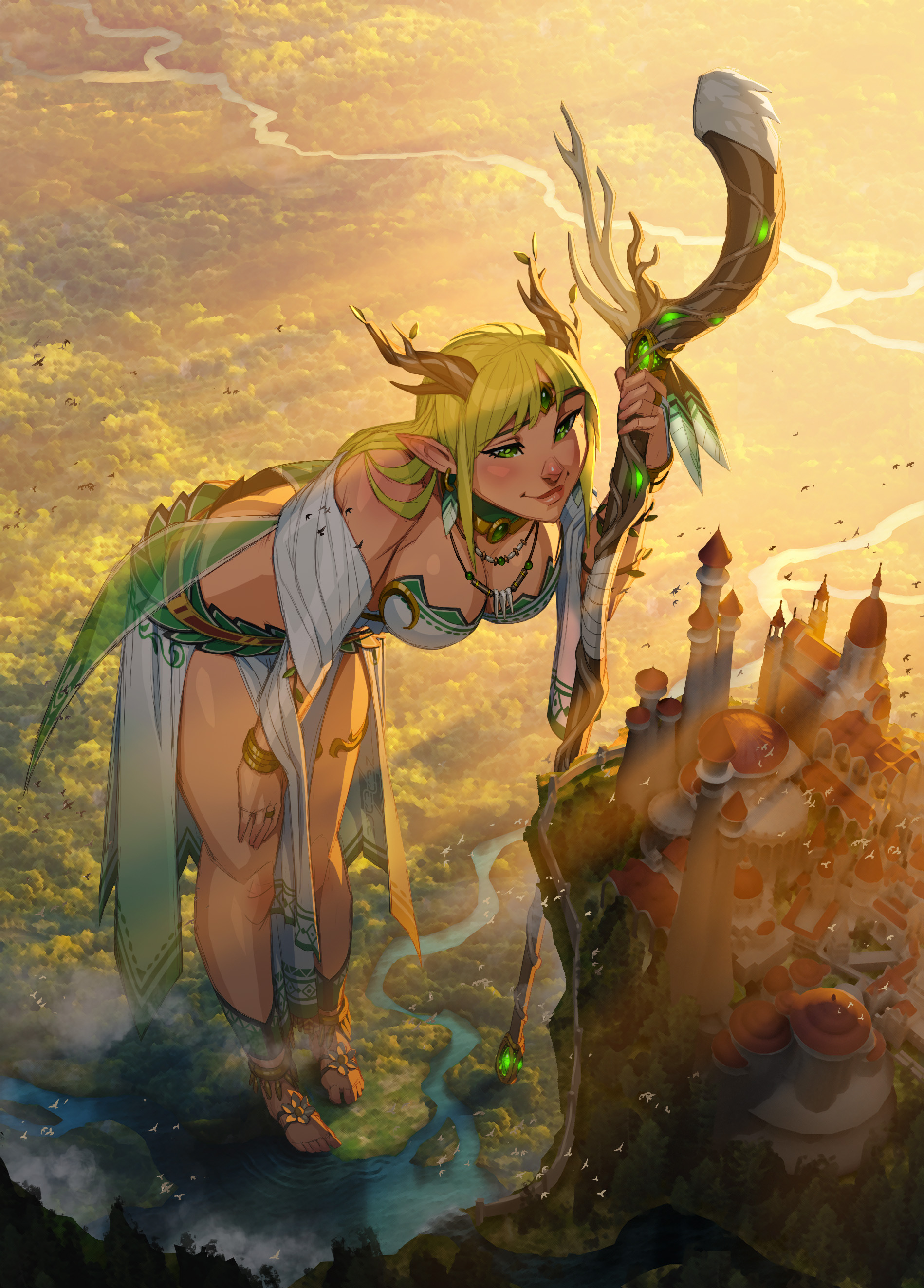 zededge, original, absurdres, commentary, commission, english commentary, highres, 1girl, blonde hair, borrowed character, bracelet, breasts, building, circlet, city, cleavage, dress, dusk, fantasy, from above, gem, giant, giantess, green eyes, green gemstone, holding, holding staff, jewelry, long hair, necklace, pointy ears, revealing clothes, river, sandals, smile, staff, standing, white dress