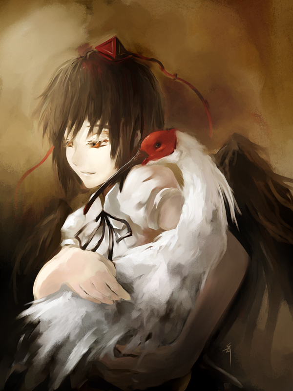 archlich, shameimaru aya, touhou, 1girl, bird, black wings, brown hair, eyelashes, female focus, hat, holding, jitome, looking down, orange eyes, short hair, short sleeves, signature, smile, solo, tokin hat, wings