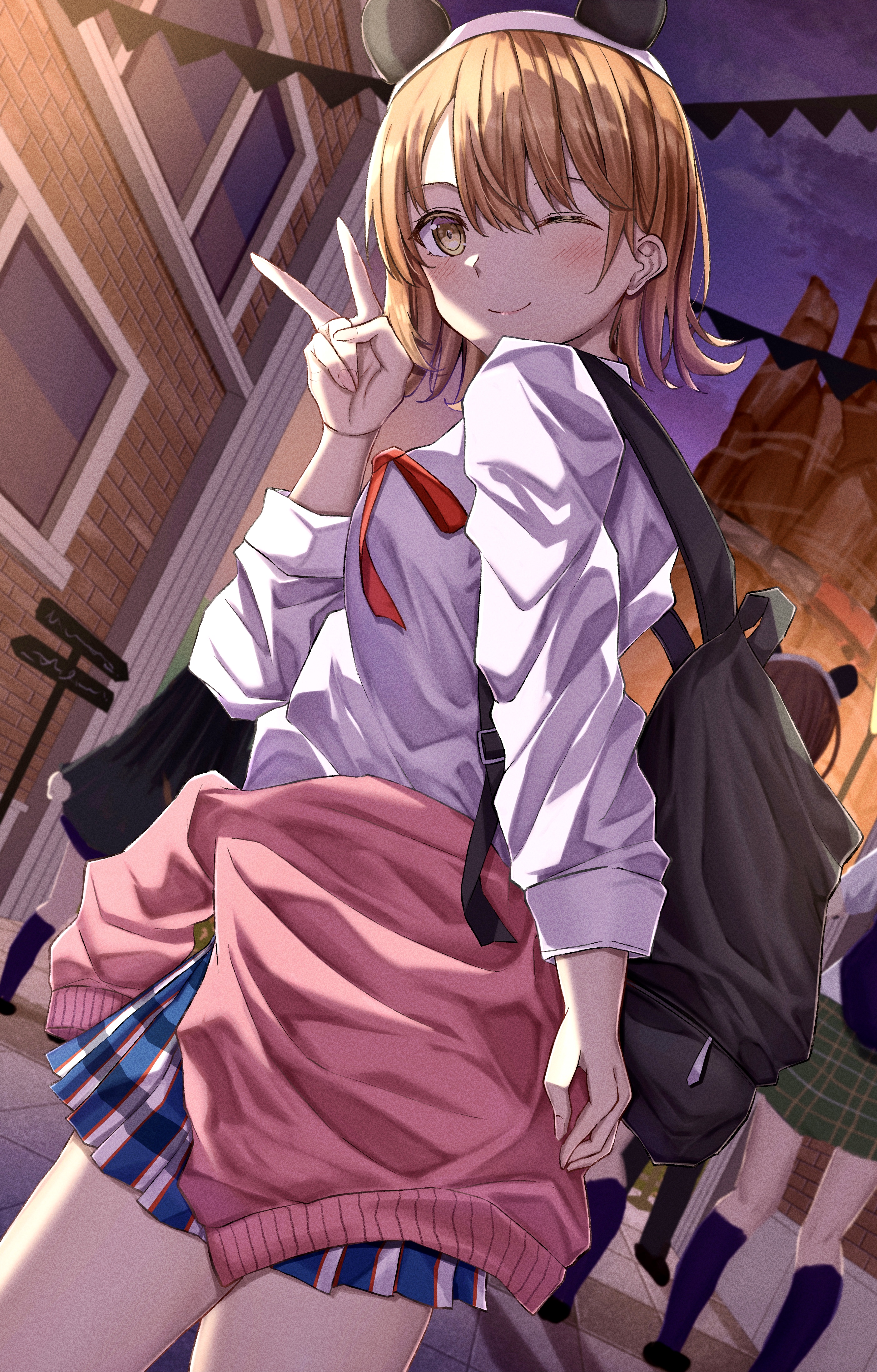 toukan, isshiki iroha, disneyland, yahari ore no seishun lovecome wa machigatteiru., absurdres, commentary request, highres, 1girl, bag, blush, brown eyes, brown hair, cardigan, cardigan around waist, closed mouth, clothes around waist, from side, hand up, long sleeves, looking at viewer, minnie mouse ears, neck ribbon, night, one eye closed, outdoors, plaid clothes, plaid skirt, red ribbon, ribbon, school uniform, shirt, short hair, shoulder bag, skirt, sobu high school uniform, solo focus, standing, summer uniform, v, white shirt