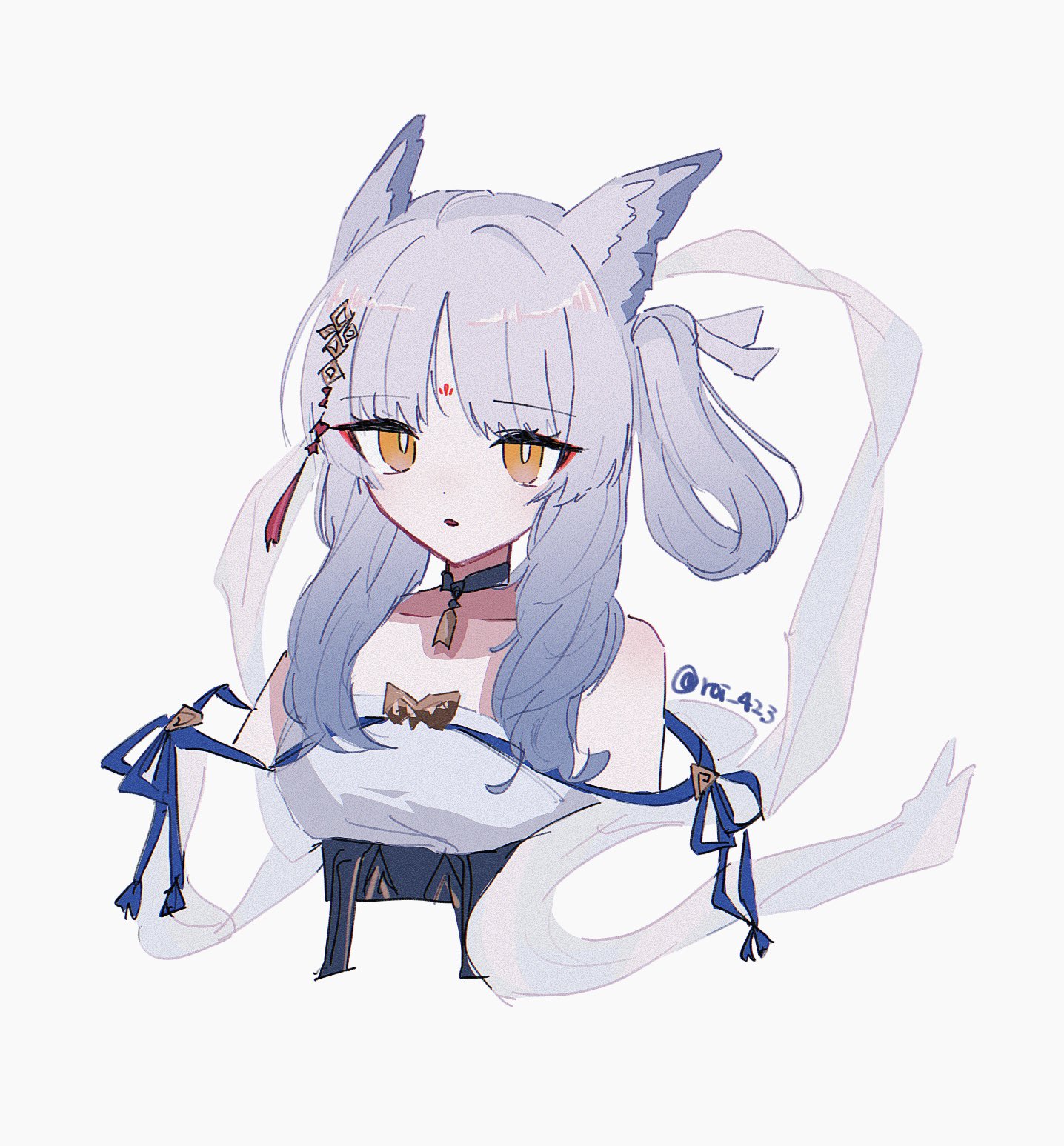 roi 423, ptilopsis (amongst the clouds) (arknights), ptilopsis (arknights), arknights, highres, 1girl, :o, bare shoulders, black choker, blonde hair, bright pupils, choker, collarbone, cropped torso, dot nose, dress, facial mark, forehead mark, grey dress, grey hair, grey shawl, hagoromo, hair intakes, hair ornament, head ornament, long hair, looking at viewer, owl ears, owl girl, parted bangs, shawl, simple background, solo, tassel, tassel hair ornament, twitter username, upper body, white background, white pupils, yellow eyes