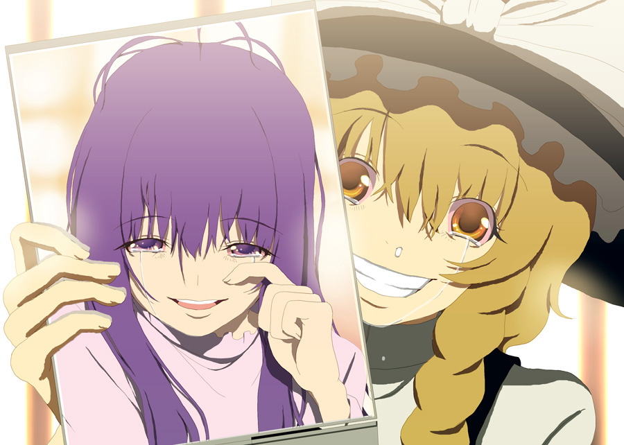 hino hikaru, kirisame marisa, patchouli knowledge, touhou, bad id, bad pixiv id, 2girls, alternate hairstyle, blonde hair, female focus, happy, mirror, multiple girls, reflection, snot, tears