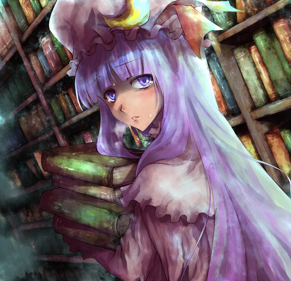 nekokun, patchouli knowledge, touhou, bad id, bad pixiv id, 1girl, blue eyes, blush, book, bookshelf, female focus, hat, library, long hair, looking back, purple hair, solo, sweat, tears, voile