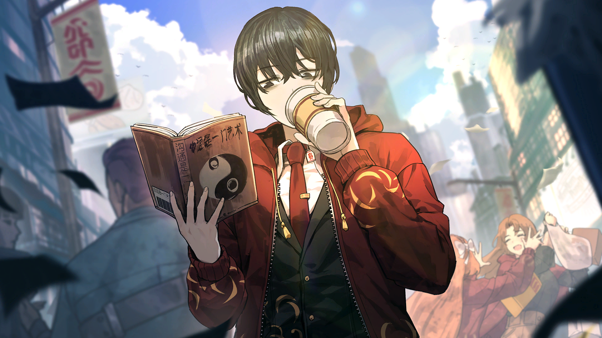 nai ga, ishmael (project moon), rodion (project moon), yi sang (project moon), limbus company, project moon, game cg, highres, official art, 1boy, 2girls, 2others, bag, black eyes, black hair, black shirt, black vest, book, bow, brown hair, brown pants, building, city, coat, collared shirt, cup, disposable cup, drinking, hair bow, headband, holding, holding book, holding cup, liu association south uniform, long hair, multiple girls, multiple others, necktie, orange hair, pants, plastic bag, reading, red coat, red necktie, shirt, short hair, skyscraper, solo focus, teabag, tote bag, vest, white shirt, yin yang