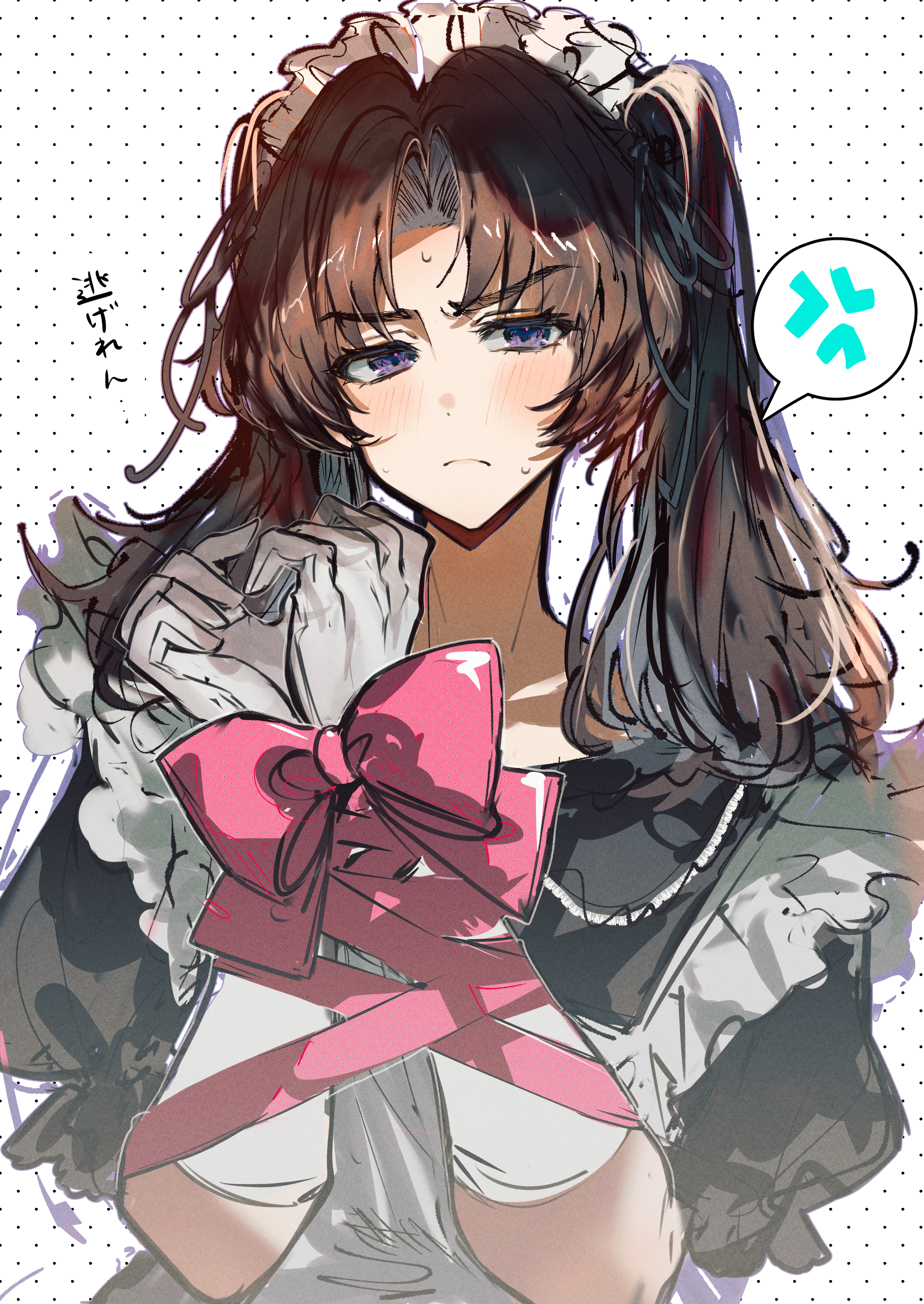 imamiya pinoko, original, absurdres, highres, translated, 1boy, anger vein, ayase ayato (imamiya pinoko), black hair, blush, bound, bound wrists, brown hair, crossdressing, crossdressing (mtf), elbow gloves, gloves, long hair, maid, maid headdress, male maid, purple eyes, simple background, spoken anger vein, sweatdrop, trap, twintails, upper body, white gloves