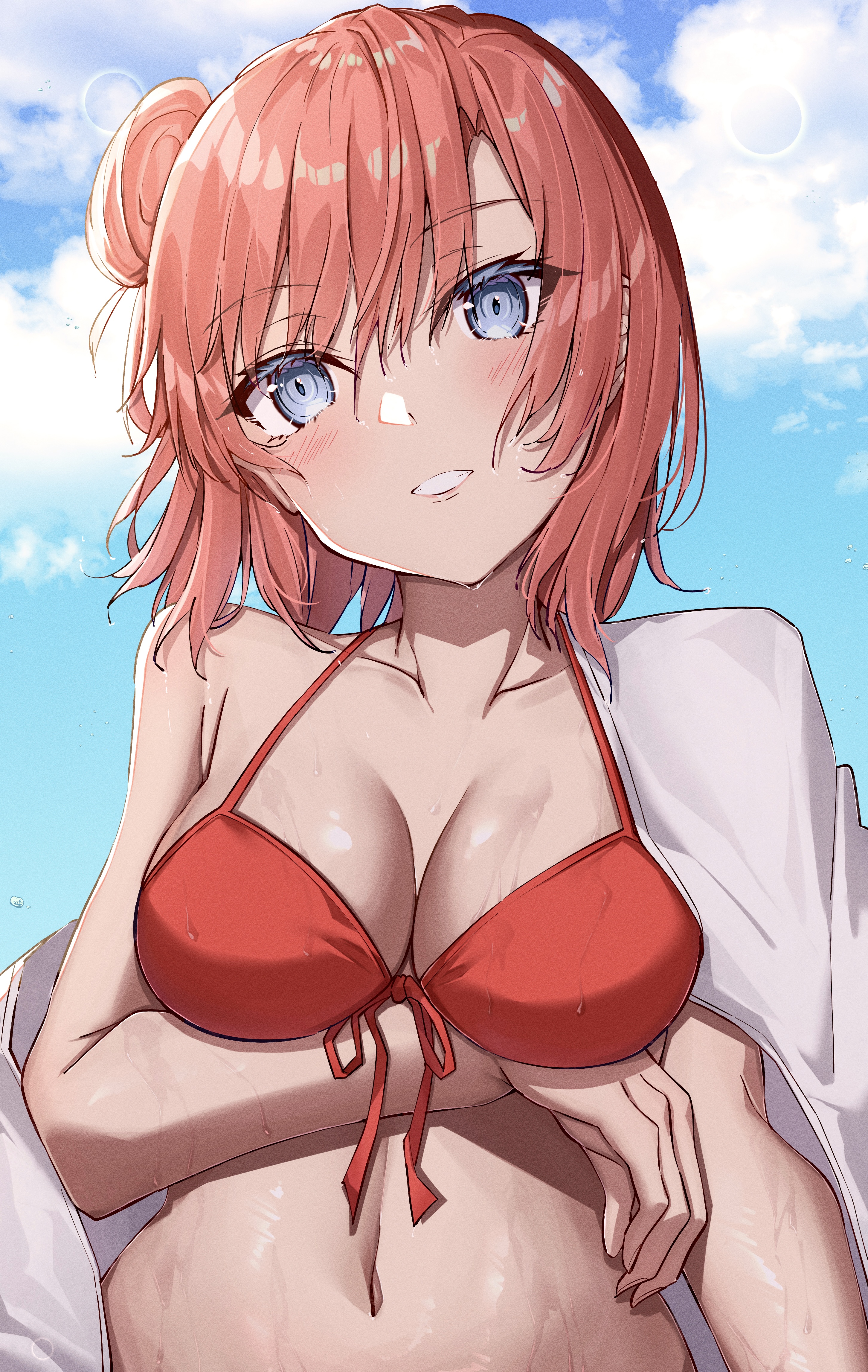 toukan, yuigahama yui, yahari ore no seishun lovecome wa machigatteiru., absurdres, commentary request, highres, 1girl, alternate costume, arm under breasts, bikini, blue eyes, blush, breasts, collarbone, day, front-tie bikini top, front-tie top, hair bun, lens flare, looking at viewer, medium breasts, medium hair, navel, orange hair, outdoors, parted lips, red bikini, single hair bun, single side bun, sky, swimsuit, towel, towel on one shoulder, upper body, wet, wet hair