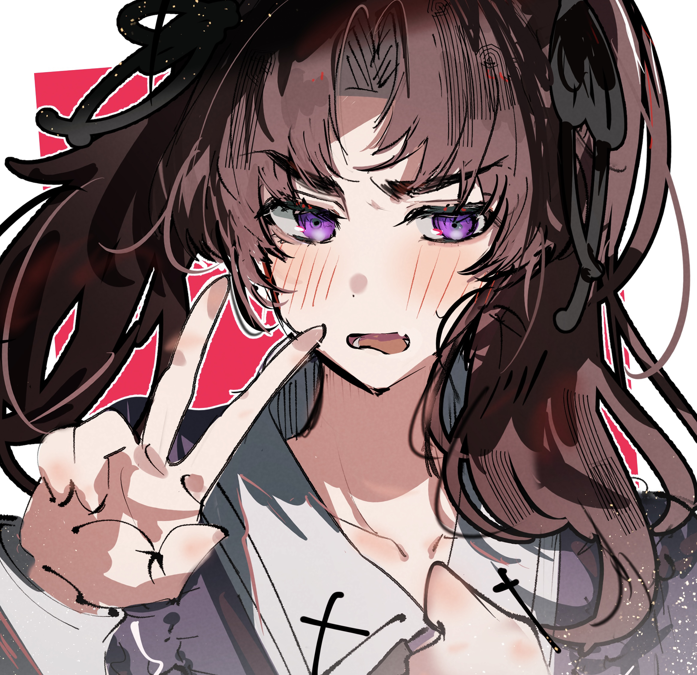 imamiya pinoko, original, highres, 1boy, ayase ayato (imamiya pinoko), blush, brown hair, long hair, portrait, purple eyes, simple background, trap, twintails, v