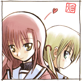 hata kenjirou, katsura hinagiku, sanzen'in nagi, hayate no gotoku!, lowres, non-web source, 00s, 2girls, black border, blonde hair, border, brown eyes, green eyes, heart, multiple girls, pink hair, school uniform, serafuku, signature, smile, twintails