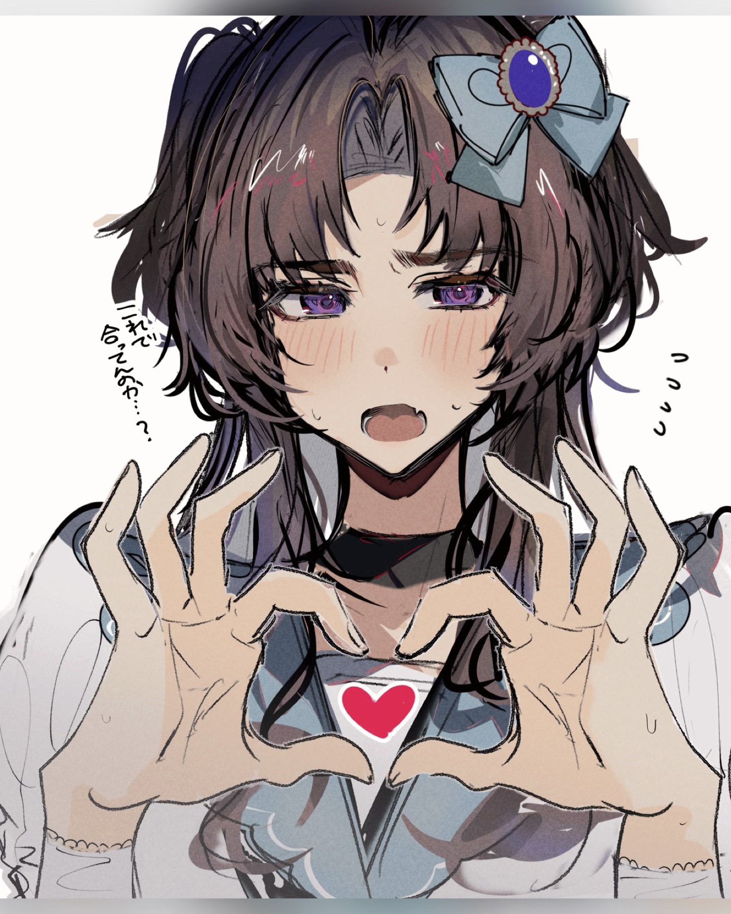 imamiya pinoko, original, highres, translated, 1boy, ayase ayato (imamiya pinoko), black hair, blush, brown hair, choker, crossdressing, crossdressing (mtf), fang, finger heart, flying sweatdrops, heart, long hair, purple eyes, simple background, skin fang, thick eyebrows, trap, twintails, two side up