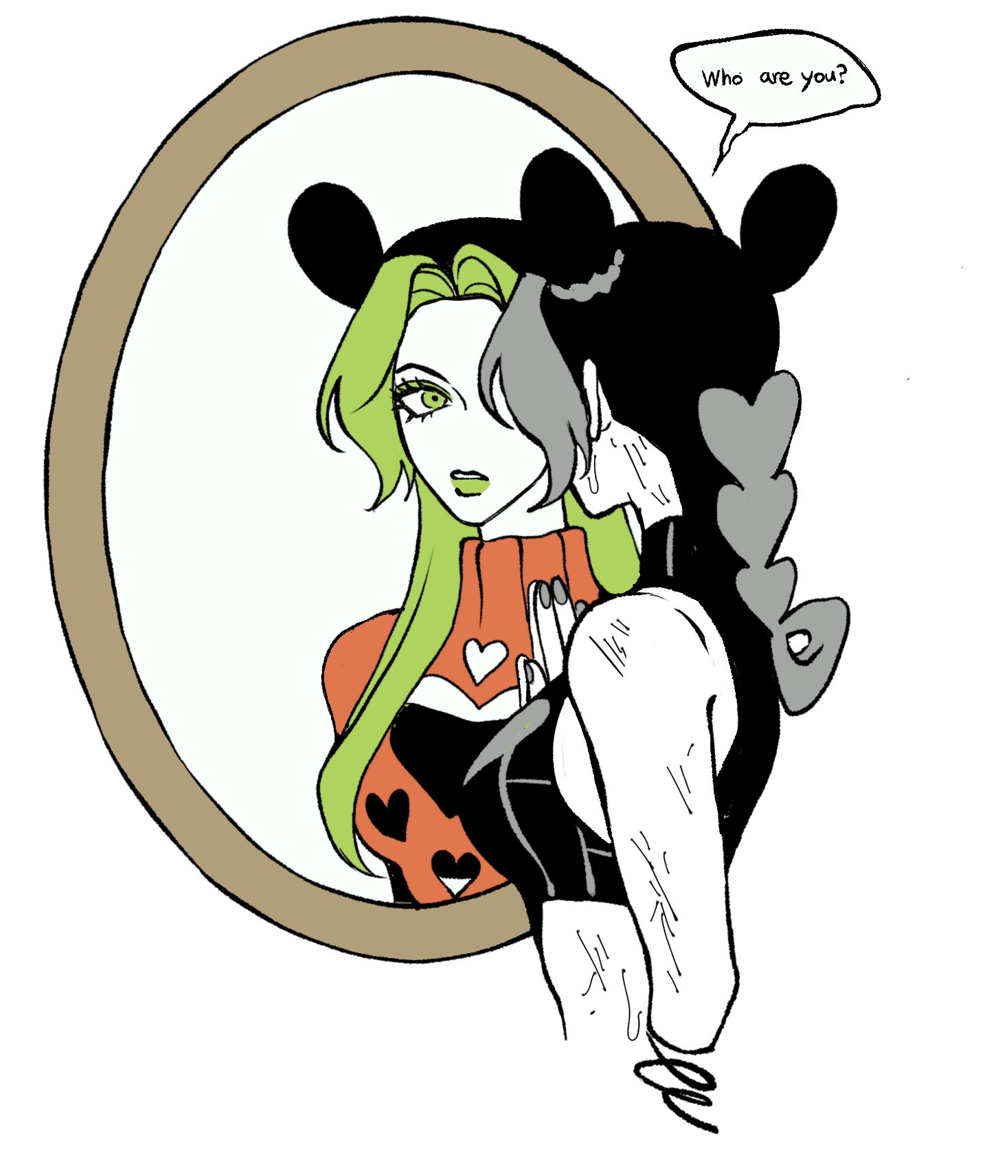 clamchowder55, irene (jojo), kuujou jolyne, jojo no kimyou na bouken, stone ocean, highres, 2girls, black hair, braid, braided bun, braided ponytail, breasts, cleavage cutout, clothing cutout, cone hair bun, crop top, different reflection, double bun, english text, green eyes, green hair, green lips, grey hair, hair bun, heart cutout, long hair, makeup, midriff, mirror, multicolored hair, multiple girls, orange sweater, reflection, shirt, sleeveless, sleeveless shirt, solo, speech bubble, sweater, turtleneck, turtleneck sweater, two-tone hair