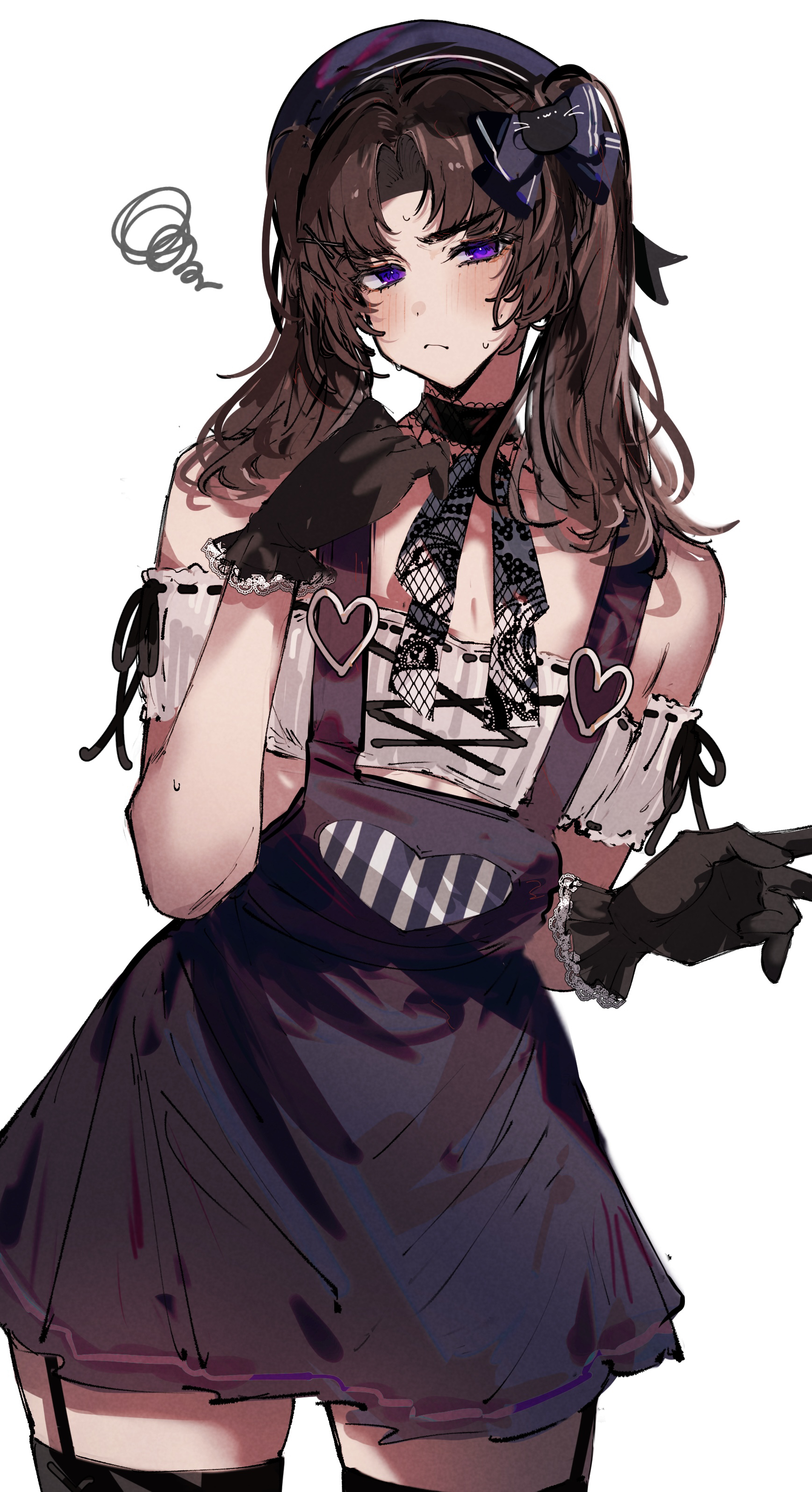 imamiya pinoko, original, absurdres, highres, 1boy, ayase ayato (imamiya pinoko), beret, black gloves, brown hair, choker, crossdressing, crossdressing (mtf), garter straps, gloves, hat, long hair, purple eyes, squiggle, thighhighs, trap, twintails, white background