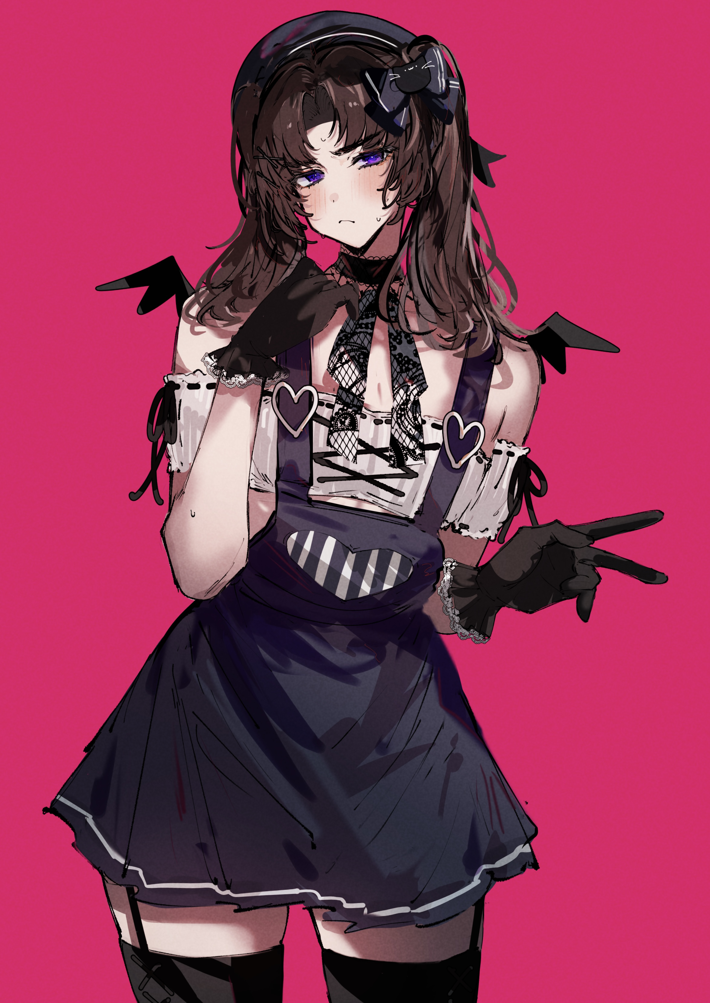imamiya pinoko, original, absurdres, highres, 1boy, ayase ayato (imamiya pinoko), beret, black gloves, brown hair, choker, crossdressing, crossdressing (mtf), garter straps, gloves, hat, long hair, purple eyes, simple background, thighhighs, trap, twintails, v