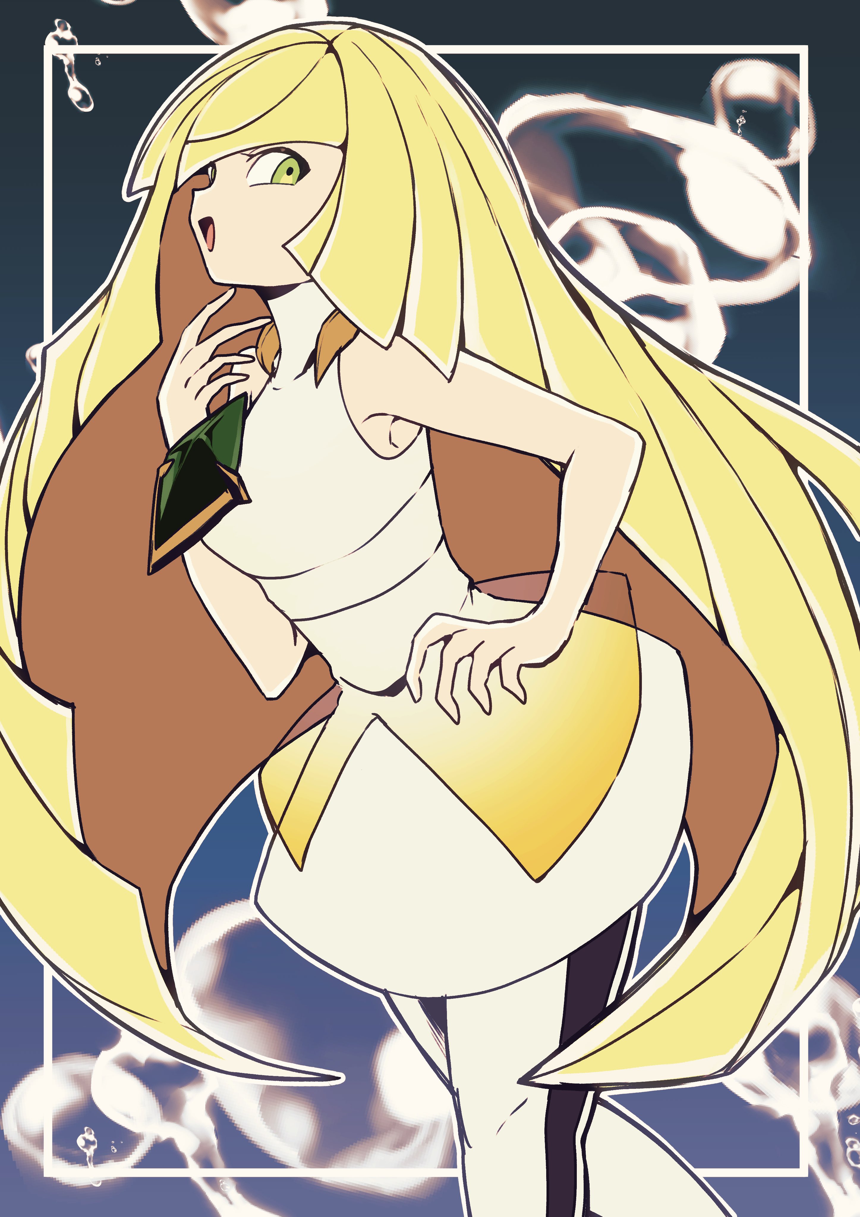 otyumamii, lusamine (pokemon), nintendo, pokemon, pokemon sm, absurdres, commentary request, highres, 1girl, :d, air bubble, blonde hair, blue background, blunt ends, breasts, bubble, cowboy shot, dress, gem, green eyes, green gemstone, hand on own hip, leggings, long hair, looking to the side, mature female, open mouth, profile, sleeveless, sleeveless dress, small breasts, smile, solo, white dress, white leggings