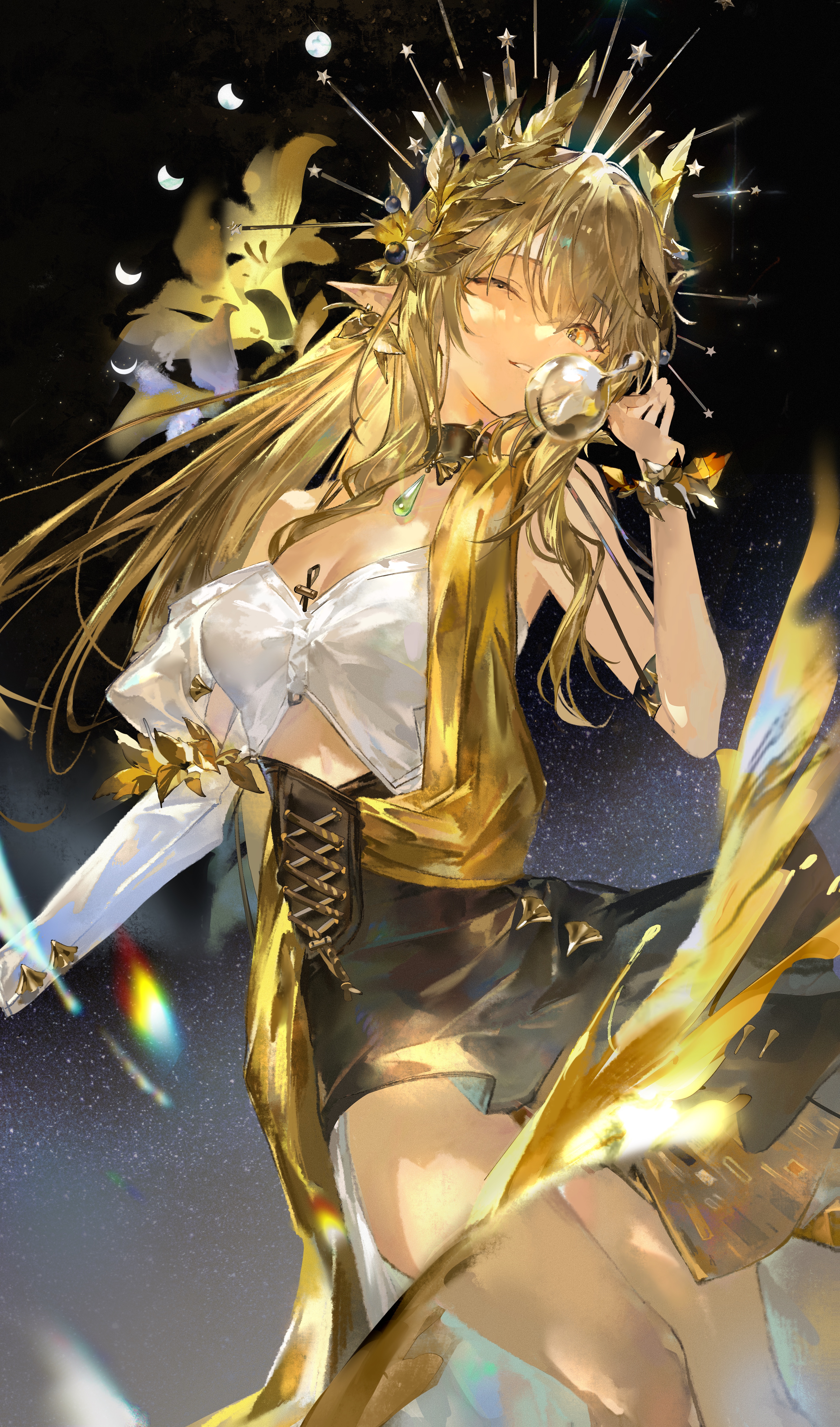 chiaspicy, muelsyse (arknights), muelsyse (golden reverie) (arknights), ambience synesthesia, arknights, absurdres, chinese commentary, commentary request, highres, 1girl, bare shoulders, black choker, black skirt, breasts, brown hair, choker, dutch angle, head wreath, high-waist skirt, long hair, looking at viewer, medium breasts, moon phases, off-shoulder shirt, off shoulder, official alternate costume, one eye closed, parted lips, pointy ears, shirt, single sleeve, skirt, smile, solo, white shirt