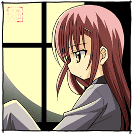 hata kenjirou, katsura hinagiku, hayate no gotoku!, lowres, non-web source, 00s, 1girl, brown eyes, closed mouth, expressionless, female focus, from side, full moon, hair ornament, hairclip, knees up, long hair, moon, pink hair, profile, solo, straight hair, upper body, window