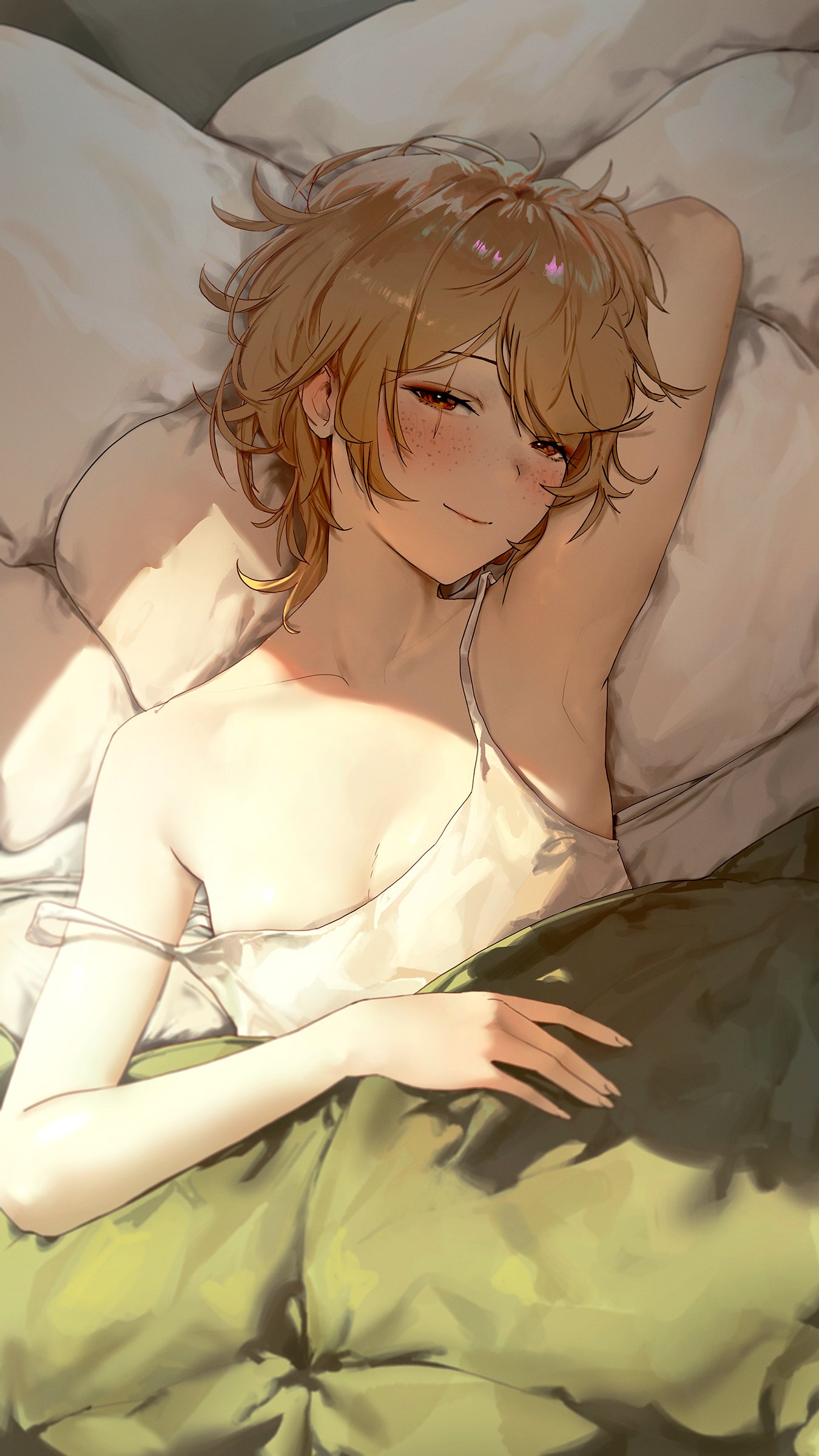 mn374390, clio aite, phase connect, absurdres, commentary, english commentary, highres, 1girl, arm behind head, armpits, breasts, brown eyes, brown hair, camisole, closed mouth, freckles, head on pillow, looking at viewer, lying, messy hair, on bed, pillow, scar, scar across eye, scar on face, short hair, small breasts, smile, solo, strap slip, virtual youtuber, waking up, white camisole