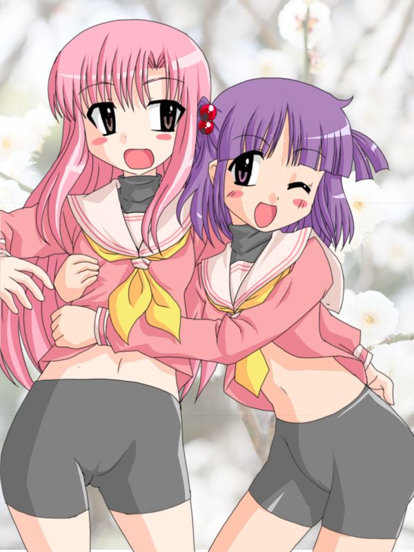 asakaze risa, katsura hinagiku, segawa izumi, hayate no gotoku!, non-web source, 00s, bike shorts, groping, hug, one eye closed, school uniform, serafuku, wink