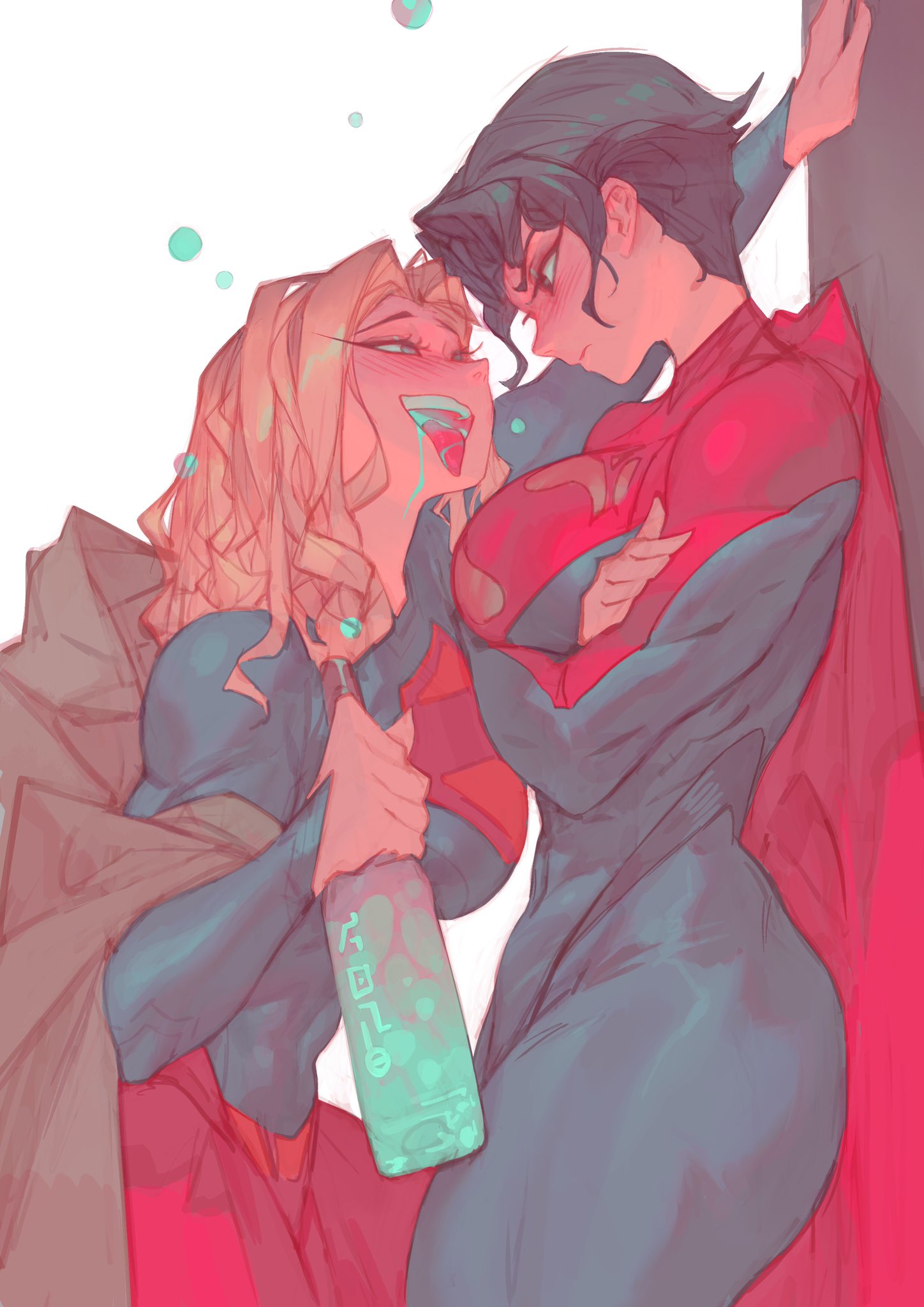 yknivel art, supergirl, superman, dc comics, dc extended universe, dc universe (franchise), superman (2025), superman (series), the flash (movie), highres, 2girls, against wall, animification, assertive female, black hair, blonde hair, blue bodysuit, blue eyes, blush, bodysuit, bottle, breasts, bubble, cape, crossed arms, drunk, face-to-face, genderswap, genderswap (mtf), hand on wall, height difference, holding, holding bottle, huge breasts, kabedon, large breasts, long hair, long sleeves, looking at another, multiple girls, muscular, muscular female, open mouth, red bodysuit, red cape, short hair, size difference, skirt, smile, squeans, superhero costume, superman logo, teeth, thick thighs, thighs, tongue, tongue out, two-tone bodysuit, yuri