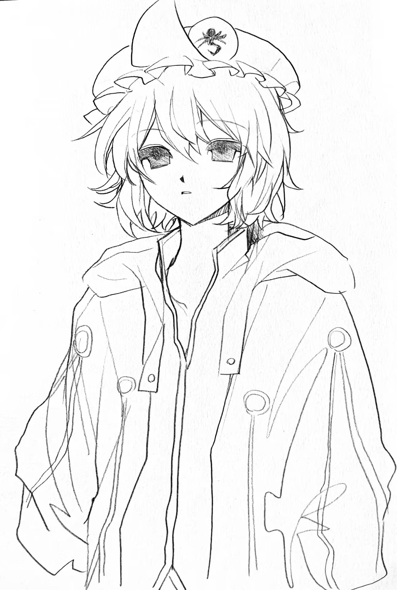 shitodo kuroji, len'en, artist request, commentary, commission, english commentary, highres, second-party source, 1other, androgynous, arrow print, collarbone, collared shirt, dot nose, frilled headwear, hair between eyes, hat, high collar, hood, hood down, hooded jacket, jacket, lineart, long sleeves, looking ahead, mob cap, open clothes, open jacket, other focus, parted lips, shirt, short hair, simple background, solo, triangular headpiece, upper body, white background