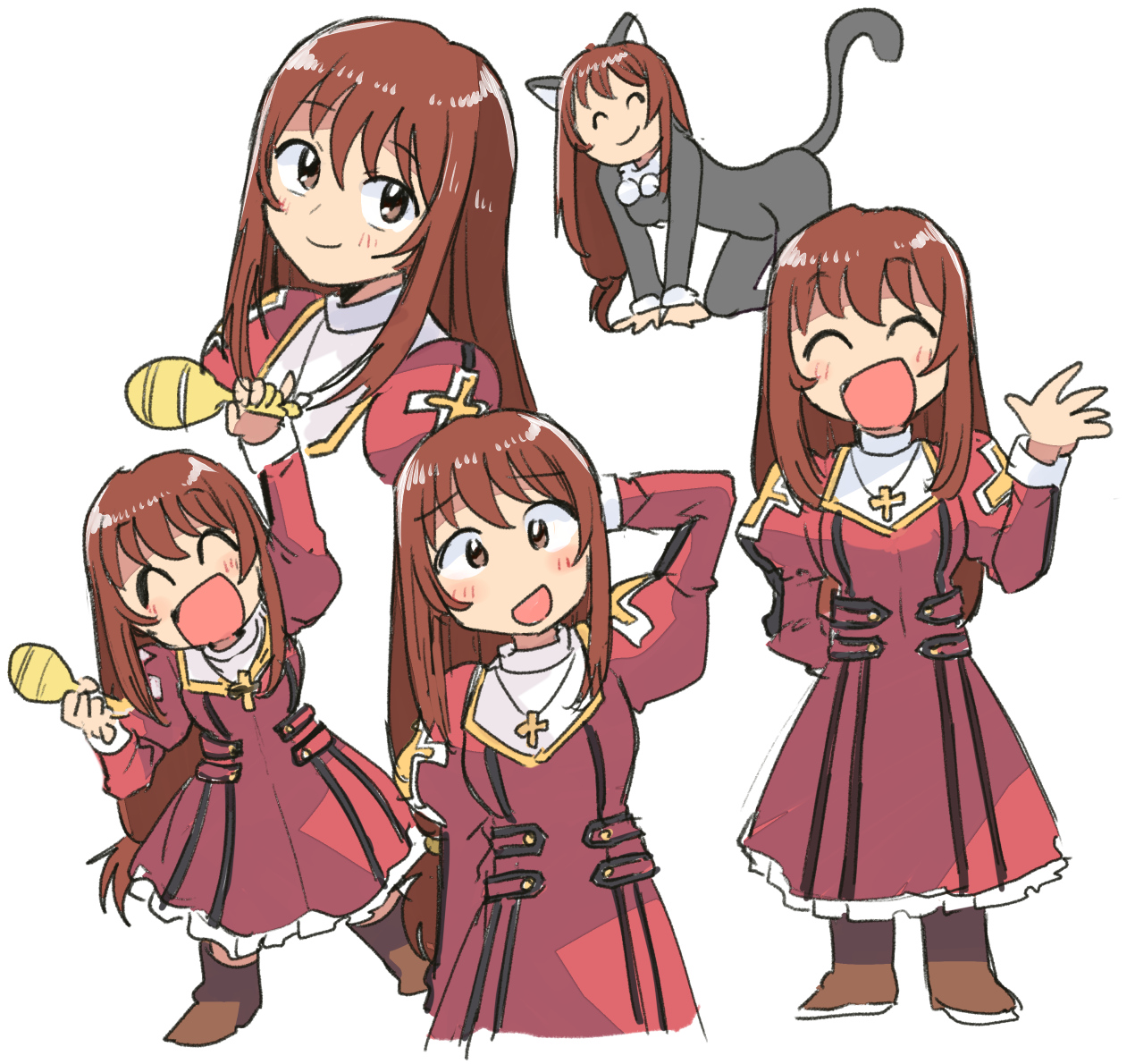 tsubobot, erica fontaine, sakura taisen, sakura taisen iii, animal costume, animal ears, arm behind head, arm up, blush, boots, brown boots, brown eyes, brown hair, cat costume, cat ears, cat tail, closed eyes, collar, cross, dress, holding, holding instrument, holding maracas, instrument, juliet sleeves, latin cross, long hair, long sleeves, looking at viewer, low-tied long hair, maracas, official alternate costume, open mouth, puffy sleeves, red dress, scratching head, sidelocks, smile, tail, waving, white collar