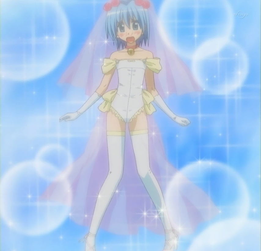 ayasaki hayate, hayate no gotoku!, anime screenshot, non-web source, stitched, third-party edit, 00s, 1boy, bare shoulders, bell, bride, collar, crossdressing, crossdressing (mtf), dress, elbow gloves, gloves, male focus, neck bell, solo, thighhighs, trap, wedding dress, white gloves, white thighhighs