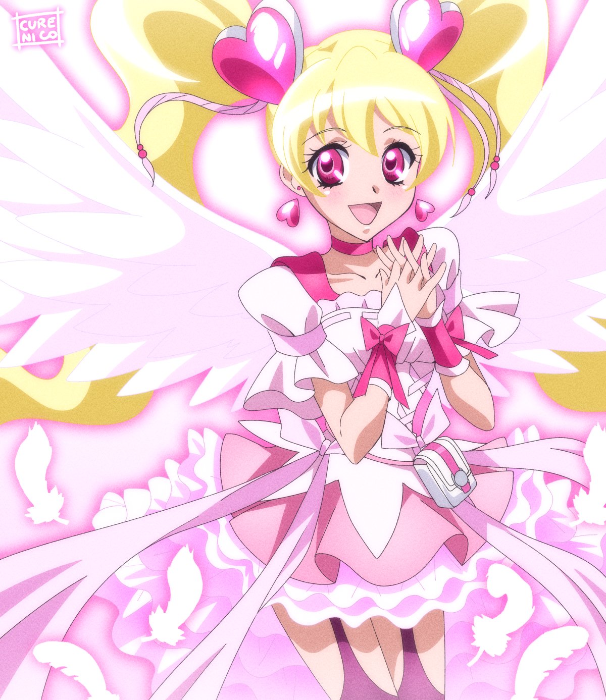 cure nico, cure peach, cure peach (angel), fresh precure!, precure, commentary, highres, 1girl, angel wings, blonde hair, blush, choker, earrings, hair ornament, heart, heart hair ornament, jewelry, long hair, magical girl, open mouth, pink eyes, smile, twintails, wings, wrist cuffs