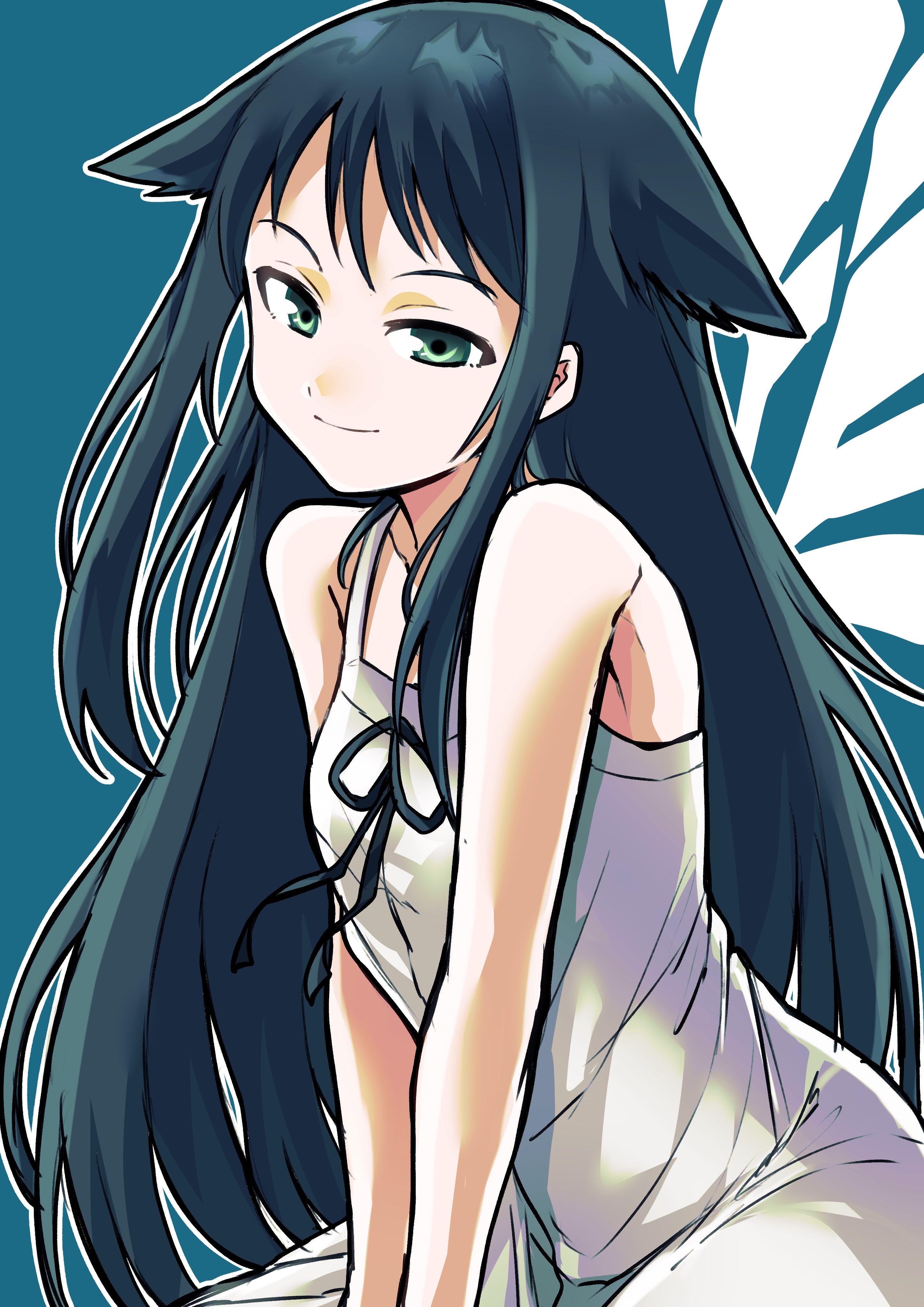 otyumamii, saya (saya no uta), saya no uta, absurdres, commentary request, highres, 1girl, aqua background, aqua hair, black bow, bow, breasts, dress, dress bow, green eyes, long hair, looking at viewer, sitting, sketch, small breasts, solo, sundress, white background, white dress