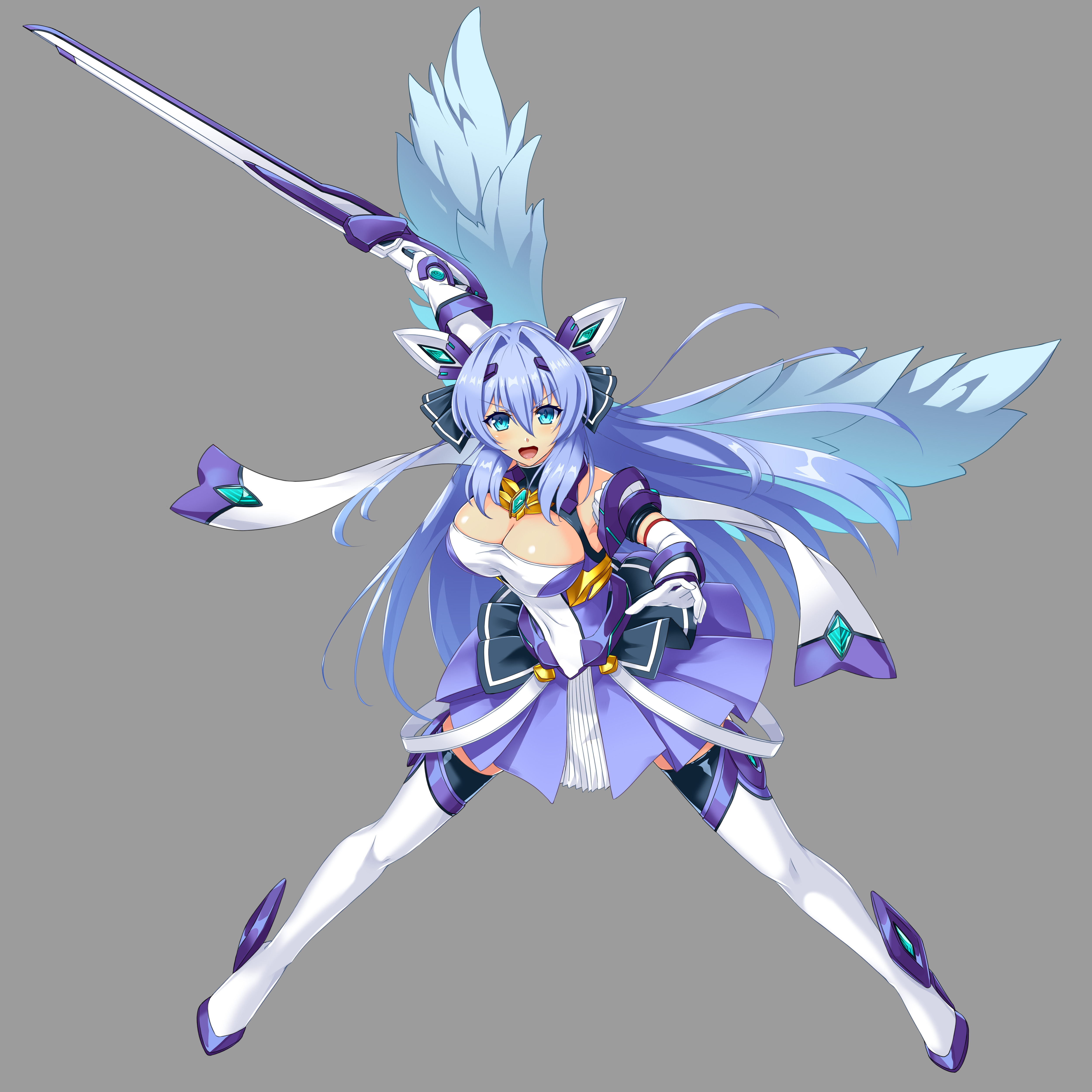 agira, katsuragi marina, kouyoku senki exs-tia, absurdres, commentary request, highres, blue eyes, blue hair, boots, breasts, chest jewel, cleavage, elbow gloves, exs-tia (exs-tia 3), feathered wings, gloves, grey background, headgear, holding, holding sword, holding weapon, large breasts, leotard, long hair, skirt, sword, thigh boots, very long hair, weapon, white gloves, wings