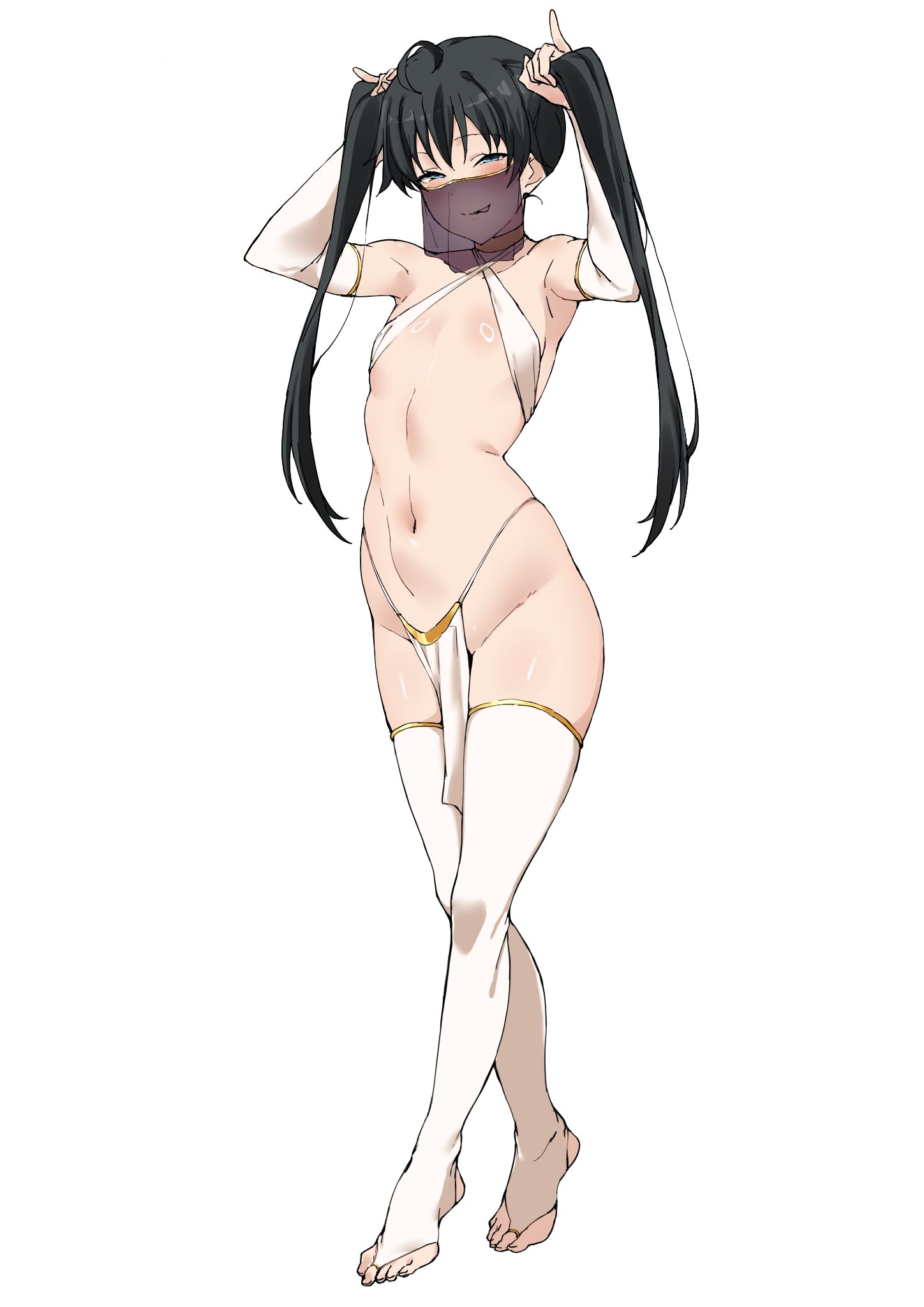 shou937, yukinoshita yukino, yahari ore no seishun lovecome wa machigatteiru., commentary, commission, english commentary, highres, second-party source, skeb commission, 1girl, alternate costume, black hair, black veil, breasts, bridal gauntlets, full body, long hair, mouth veil, navel, pelvic curtain, simple background, small breasts, solo, standing, stomach, thighhighs, toes, twintails, veil, white background, white bridal gauntlets, white thighhighs