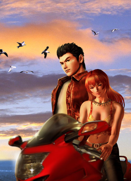 hazuki ryou, joy (shenmue), sega, shenmue, shenmue ii, vehicle, 1boy, 1girl, bird, denim, jacket, jeans, midriff, motor vehicle, motorcycle, pants, seagull, sunset