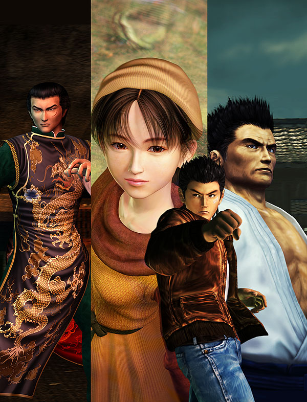 hazuki iwao, hazuki ryou, lan di, ling shen hua, shenhua, sega, shenmue, shenmue i, official art, 1girl, 3boys, 3d, belt, black hair, brown hair, chinese clothes, clenched hand, denim, fighting stance, hat, jacket, jeans, lipstick, makeup, multiple boys, pants, red eyes, spiked hair